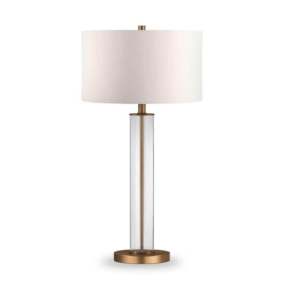 Elegant Clear Glass Table Lamp with Brass Accents & Linen Shade - Modern Home Office Bedroom Nightstand Lighting Decor for Living Room, Study, or Dorm
