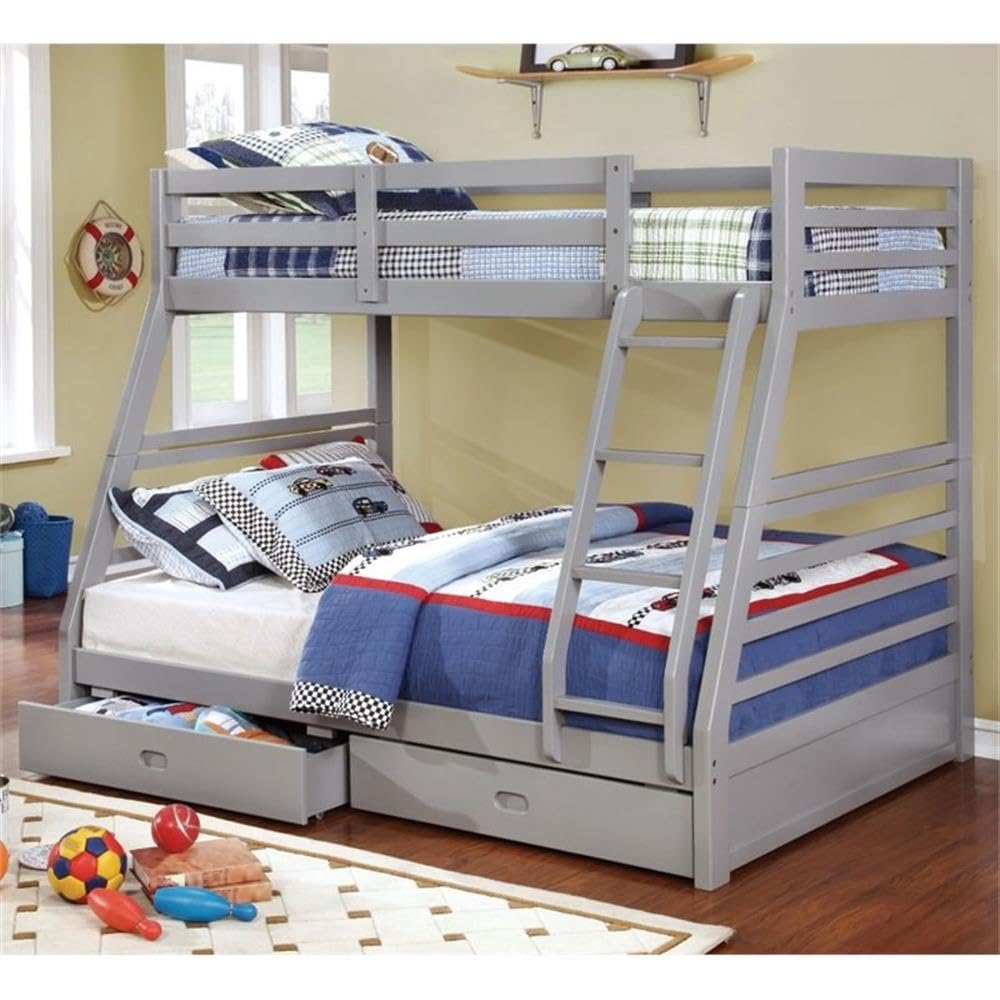 BOWERY HILL Twin Over Full Wood Bunk Bed with 2 Storage Drawers in Gray - Space-Saving Kids Bedroom Furniture for Small Rooms & Shared Spaces