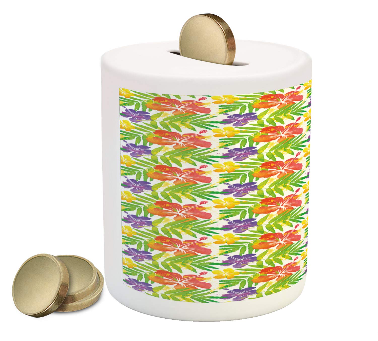 Ambesonne Exotic Ceramic Piggy Bank - Hibiscus Blossom Hawaiian Summer Watercolor Design, 3.6