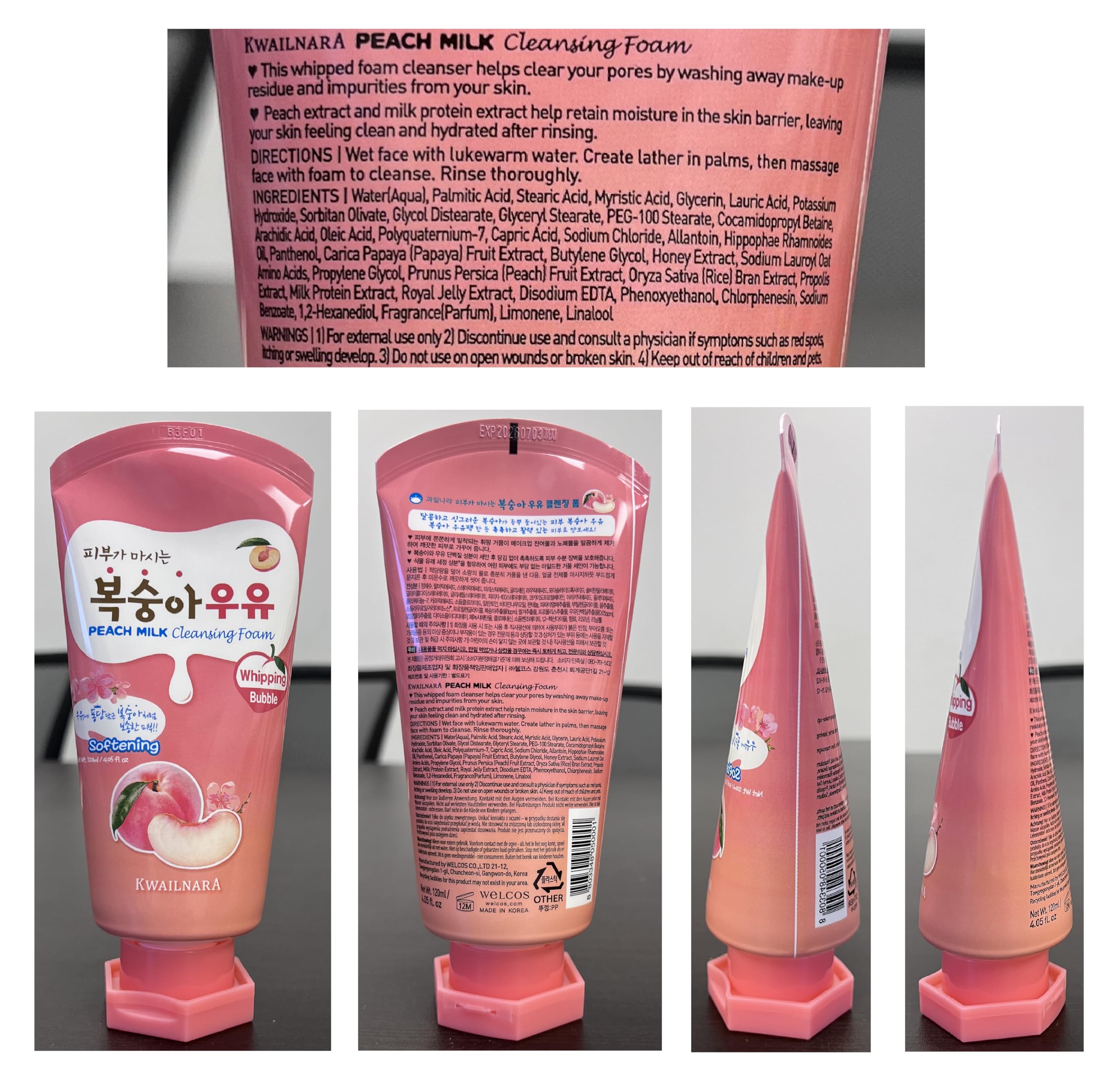 WELCOS KWAILNARA Peach Milk Facial Cleansing Foam - 120ml / 4.06 Fl.oz - Gentle Daily Face Wash for Soft, Hydrated Skin - Perfect for Morning & Night Skincare Routine