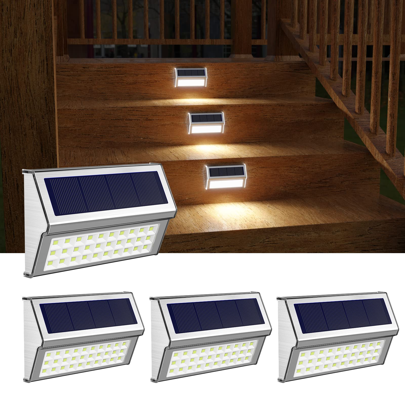 ROSHWEY 4 Pack Solar Step Lights Outdoor - 30 LED Waterproof Stainless Steel Garden Lights for Pathway, Patio, Walkway, Fence | Cool White Solar Powered Landscape Lighting for Yard, Deck, Stairs