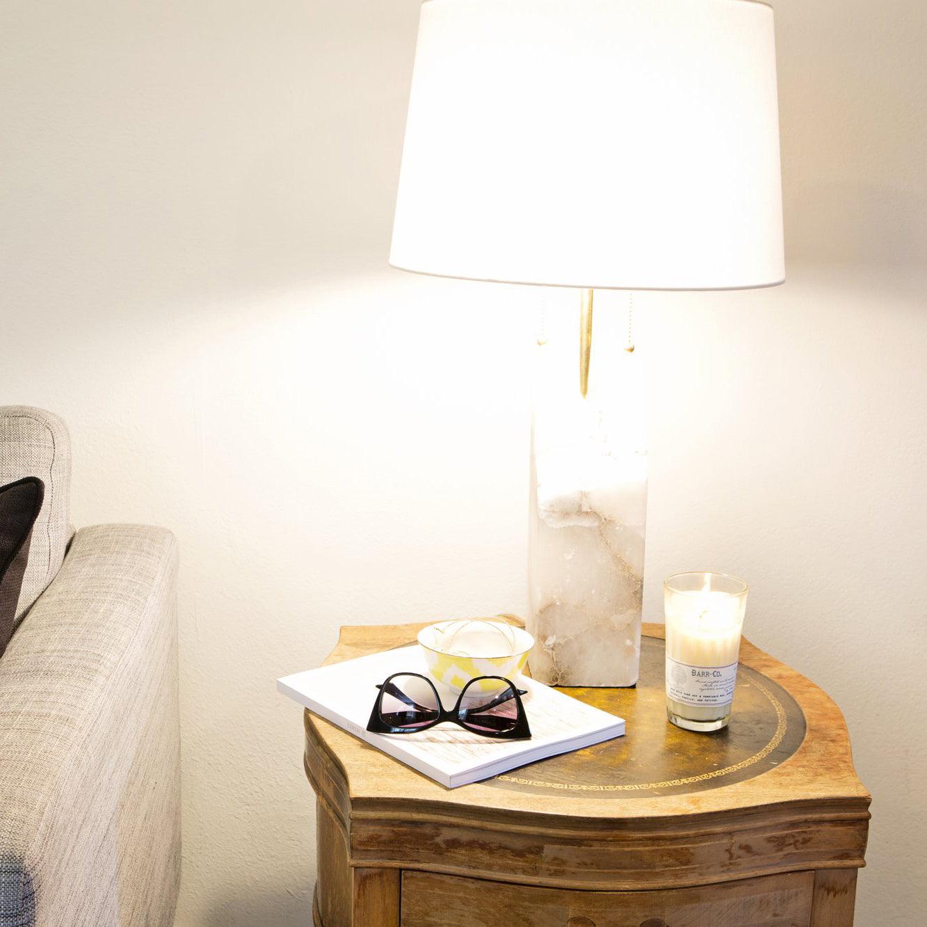 Handmade Raw Alabaster Table Lamp - Natural Stone Nightstand Light for Bedroom, Living Room & Office Decor - Dimmable Warm White Lighting for Relaxation & Reading