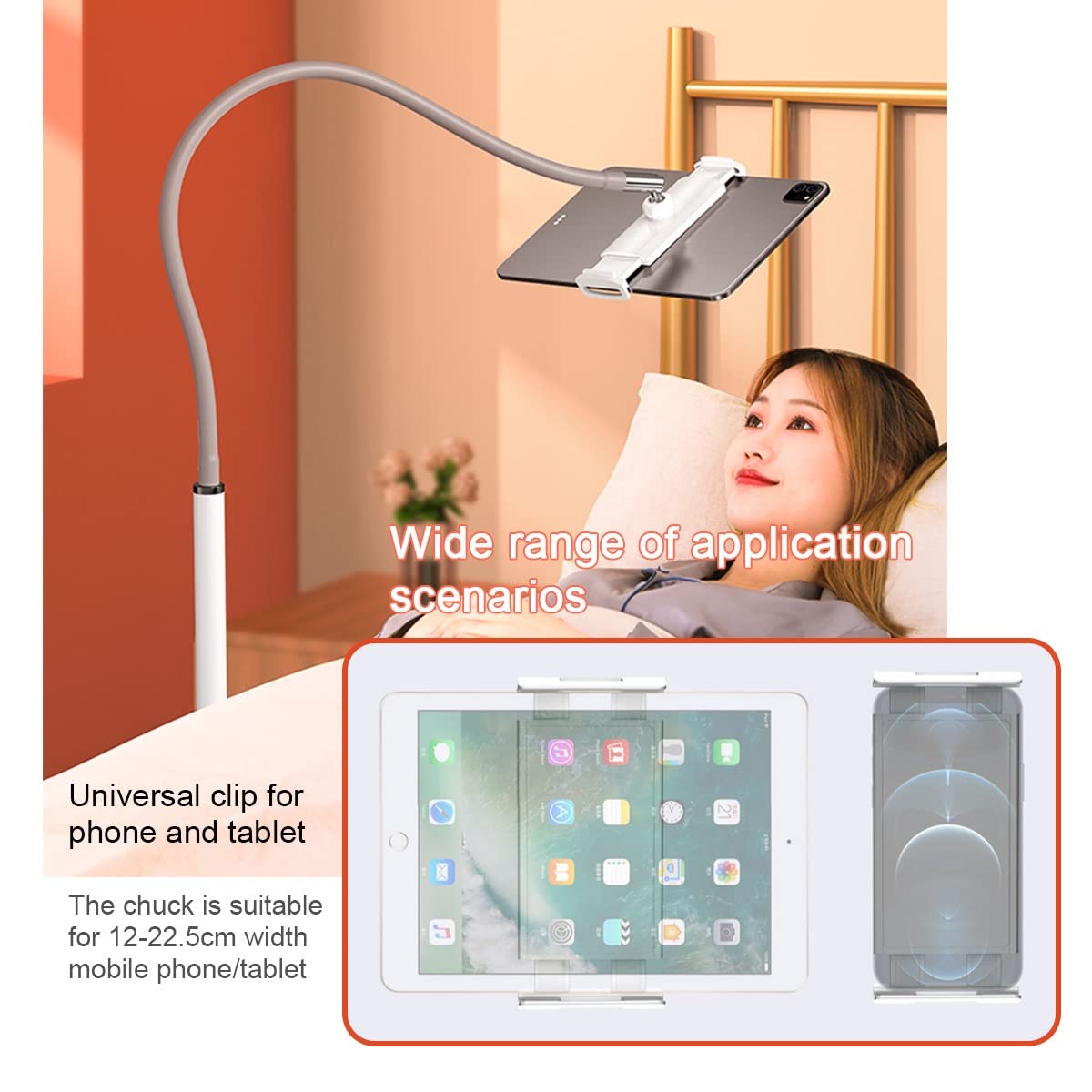 Universal Tablet Gooseneck Floor Stand - Adjustable Height 109-151cm, Stable Base for 4-12.8