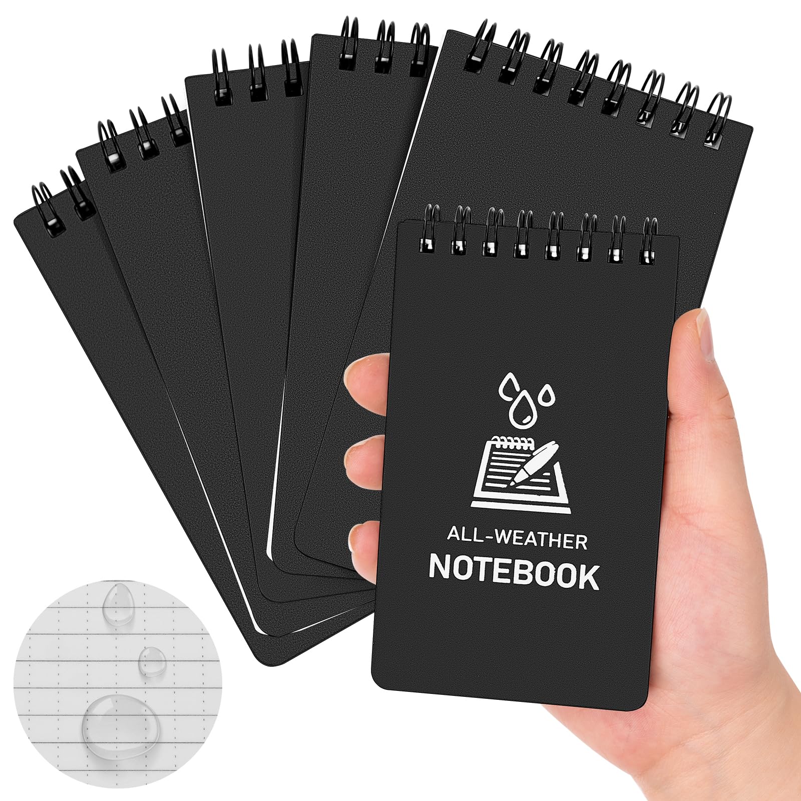 Waterproof Pocket Notebook Mini Notepads 3x5 Inches - 6 Pack All Weather Spiral Notepad for Writing in Rain | Durable Outdoor Journal for Camping, Hiking & Field Work | Perfect for Office, School & Home Use (Black Cover)