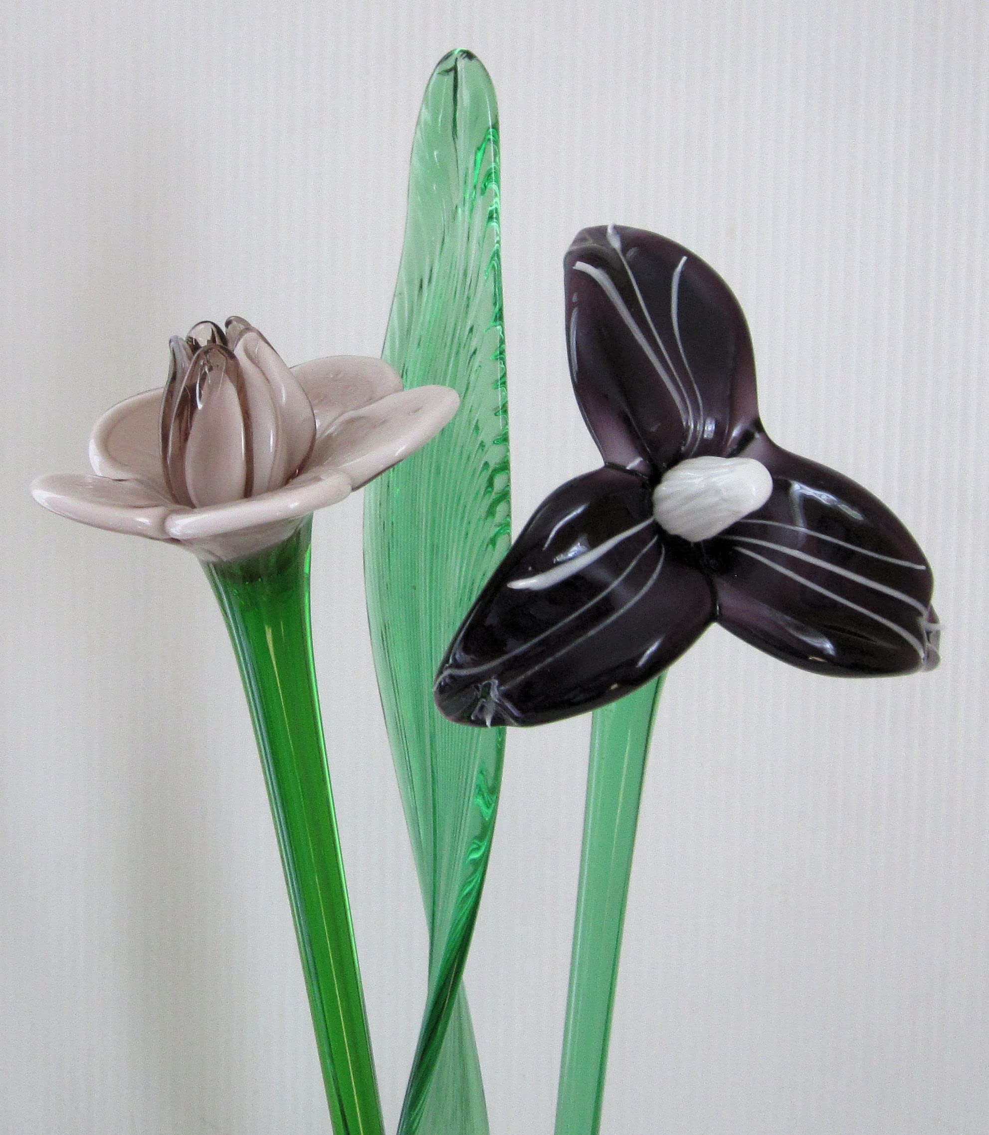19 Inch Glass Flower Bouquet - Purple Lily and Rose with Glass Leaf for Home Decor, Wedding Centerpieces, and Gift Giving