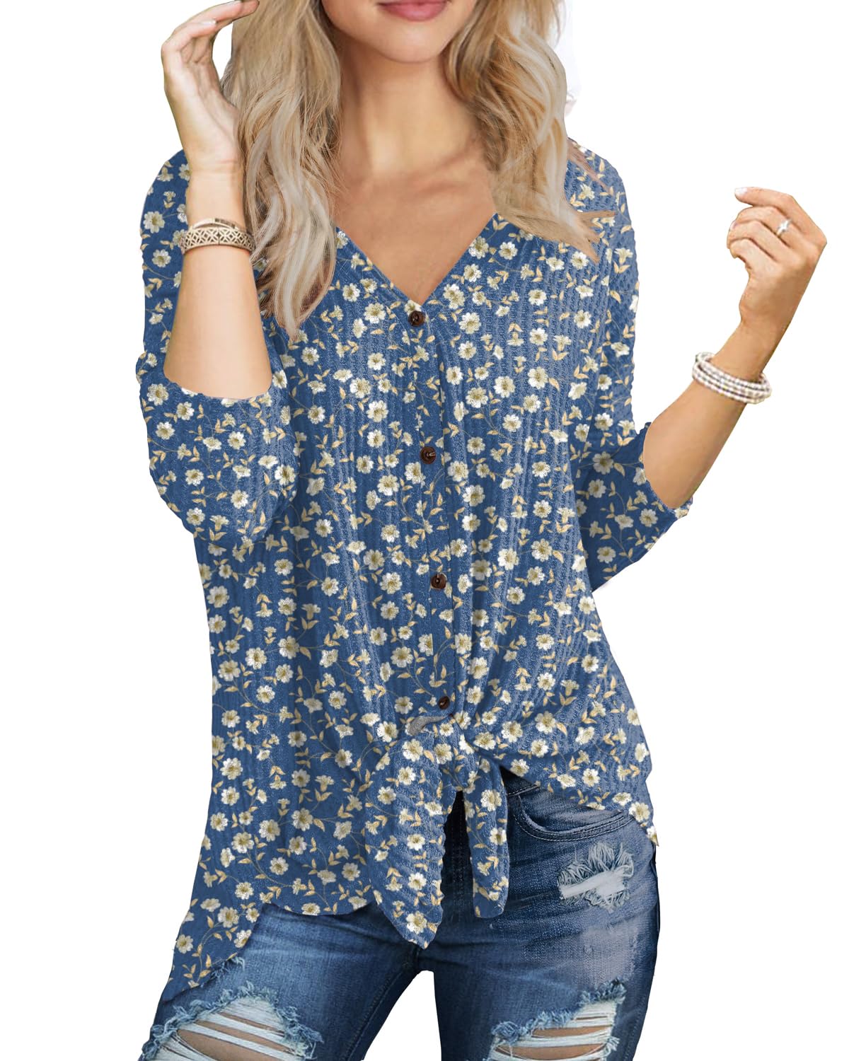 IWOLLENCE Women's Waffle Knit Tunic Blouse - Loose Fit Batwing Sleeve Henley Top with Tie Knot Detail | Casual Office Wear & Weekend Outfits