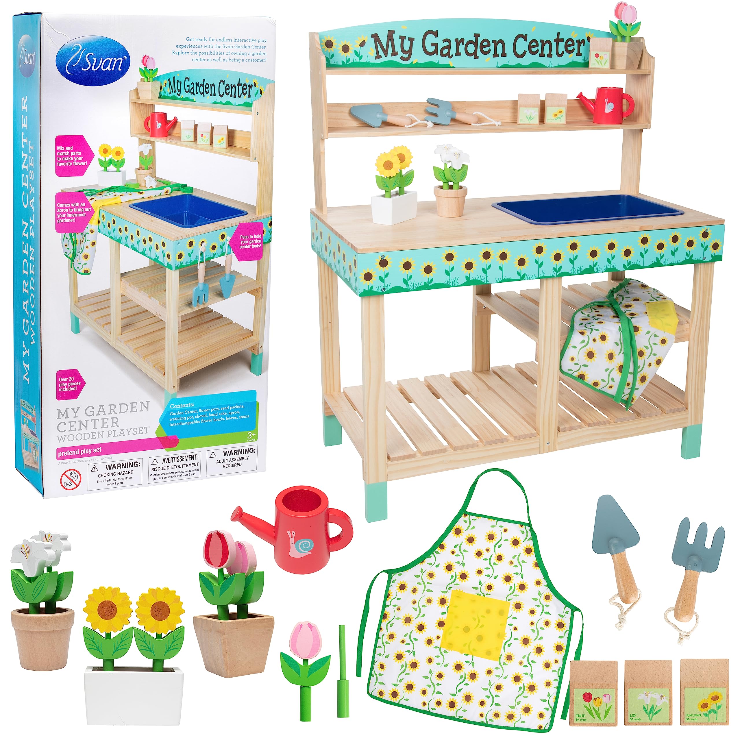 Svan Wooden Toy Gardening Center - 22 Piece Pretend Play Garden Set with Flowers, Seed Packets, Pots, Shovel, Rake, Apron & Watering Can - Interactive Educational Toy for Kids - Perfect for Indoor Play, Birthday Gifts for Boys & Girls - Encourages Imaginative Play & Learning About Nature