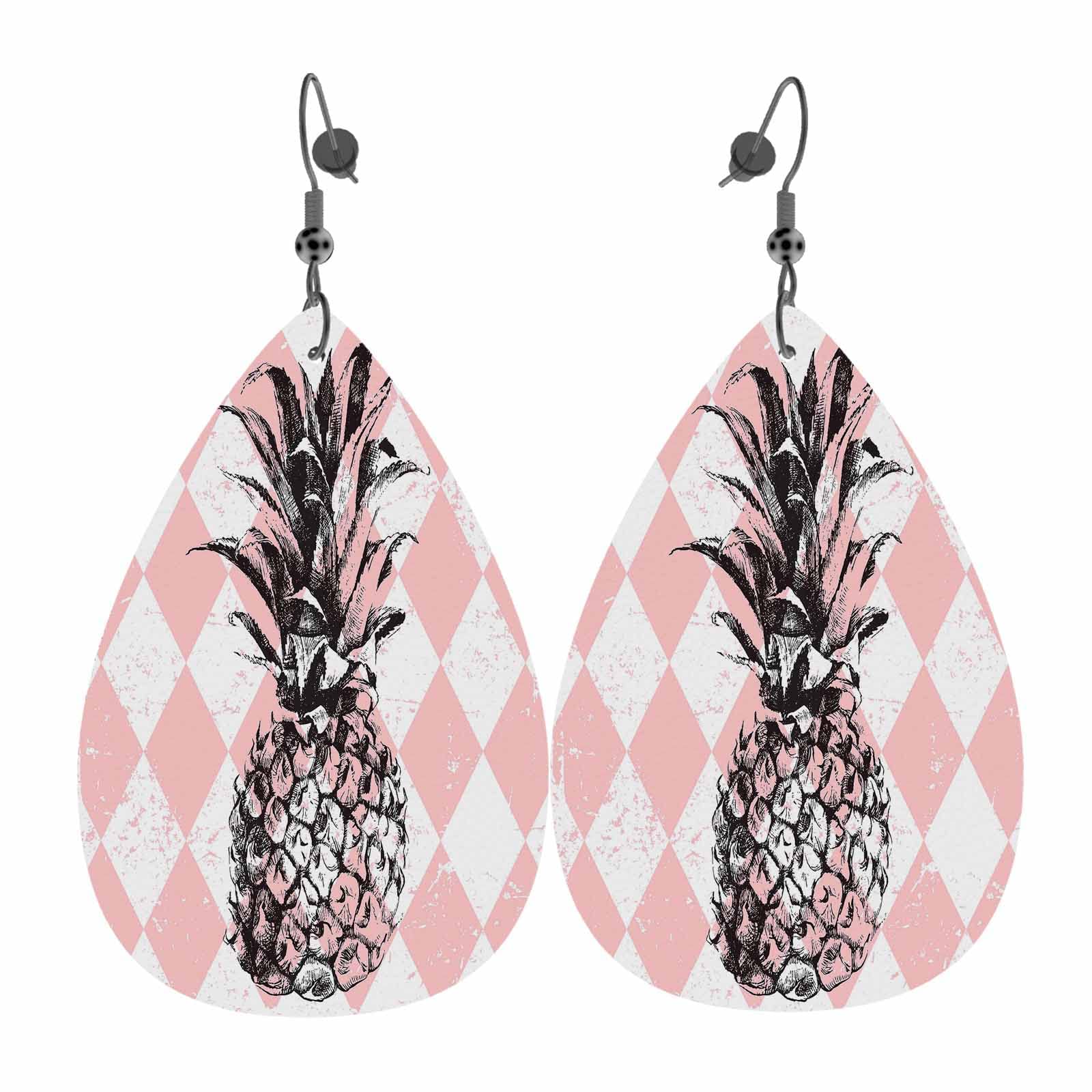 Handmade Pineapple Leather Earrings for Women - Lightweight Double-Sided Dangle Leaf Earrings with Black Pineapple Design on Rhombus Background | Perfect for Summer Outfits, Beach Vacations & Boho Fashion Accessories