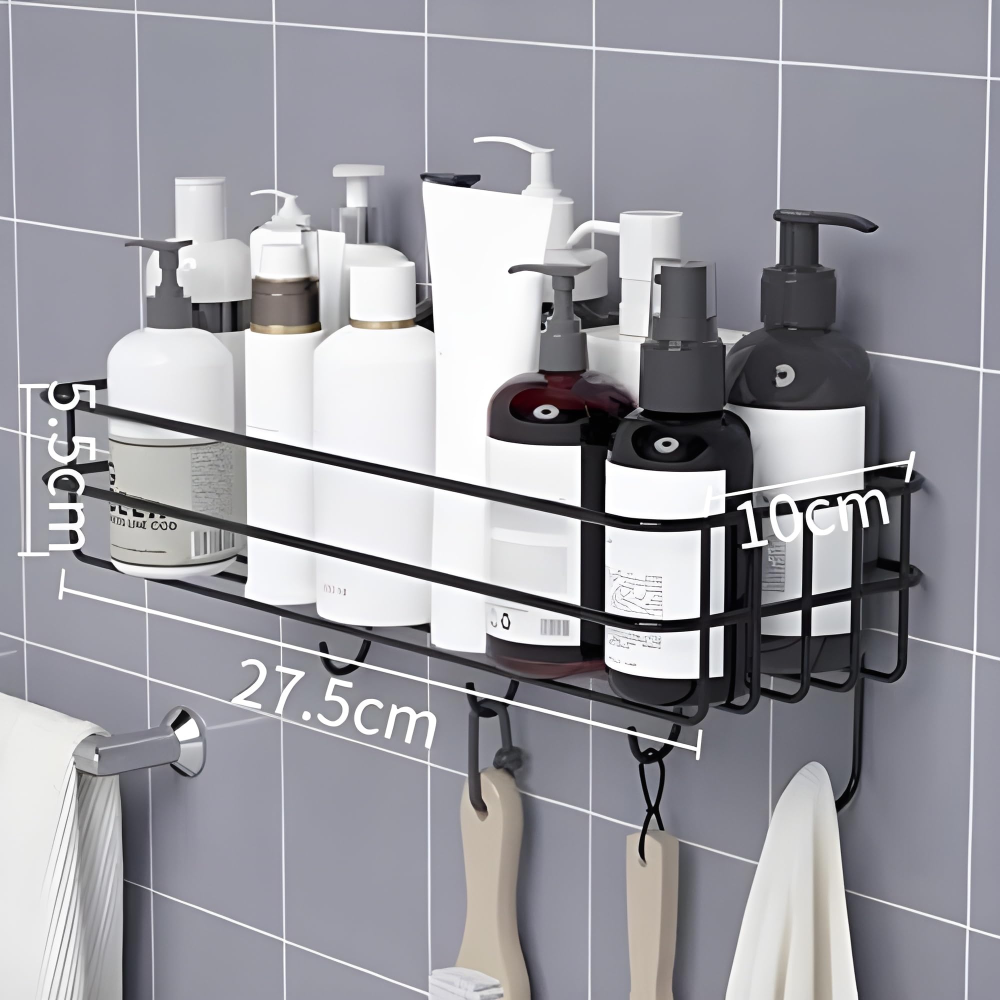 JIALTO Wall-Mounted Bathroom Shelf Organizer with Hooks - Black Space-Saving Bathroom Storage Rack & Towel Holder - Perfect for Small Bathrooms, Showers, and Vanity Organization (Pack of 1)