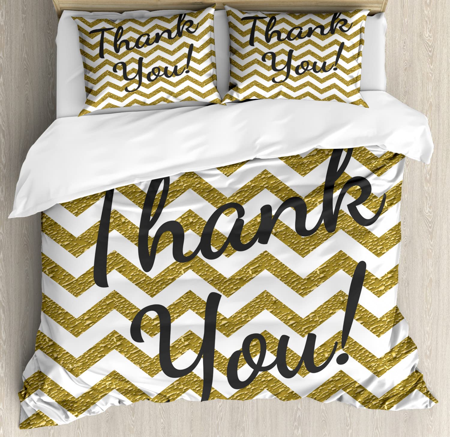 Modern Geometric Zig Zag Duvet Cover Set with Stripes & Thank You Words - 2 Pack King Size Bedding Set Includes 2 Duvet Covers & 4 Pillowcases - Charcoal Grey & Yellow - Perfect for Contemporary Bedrooms, Guest Rooms & Dorm Decor