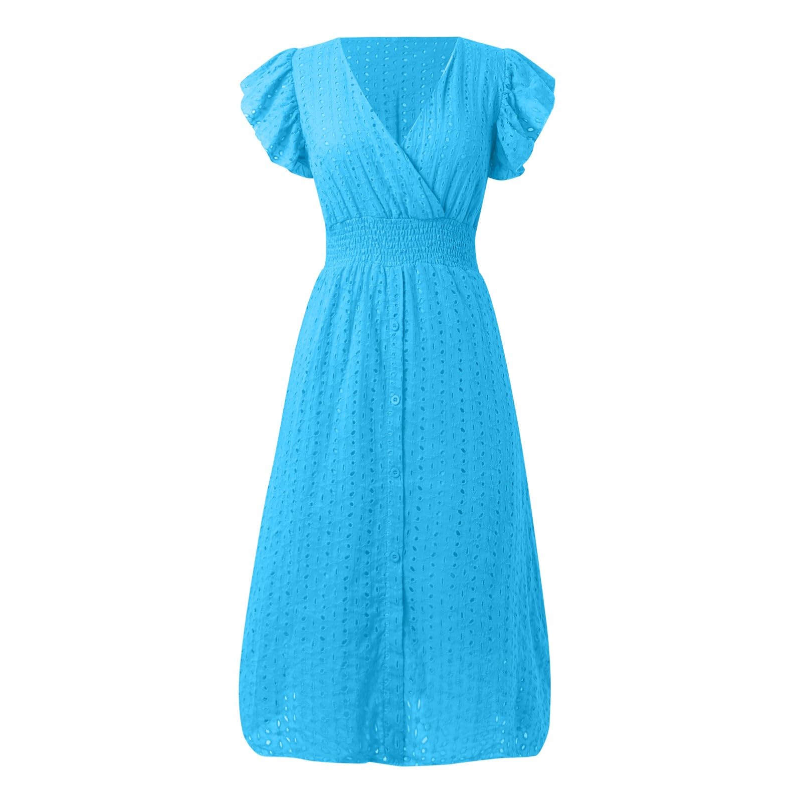 PTOLOCIF Women's 2024 Trendy Eyelet Summer Wedding Guest Dress - V-Neck Ruffled Sleeve A-Line Boho Party Dress for Beach Weddings, Garden Parties & Cocktail Events