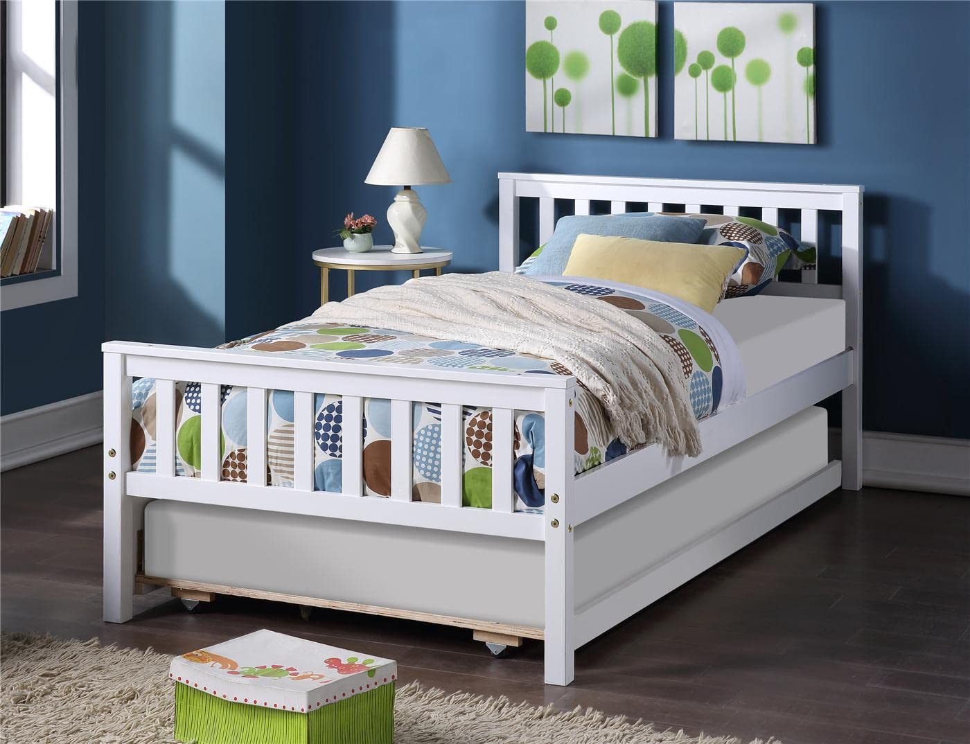 Twin Size Platform Bed with Trundle - Solid Pine Wood Sleigh Bed Frame for Compact Spaces - White | Perfect for Kids' Rooms, Guest Rooms & Small Bedrooms