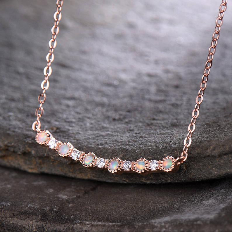 Opal Pendant Necklace with Moissanite - Silver, Rose Gold Plated, 14K or 18K - 14 Inch Chain - Elegant Jewelry Gift for Women, Perfect for Weddings, Anniversaries & Special Occasions