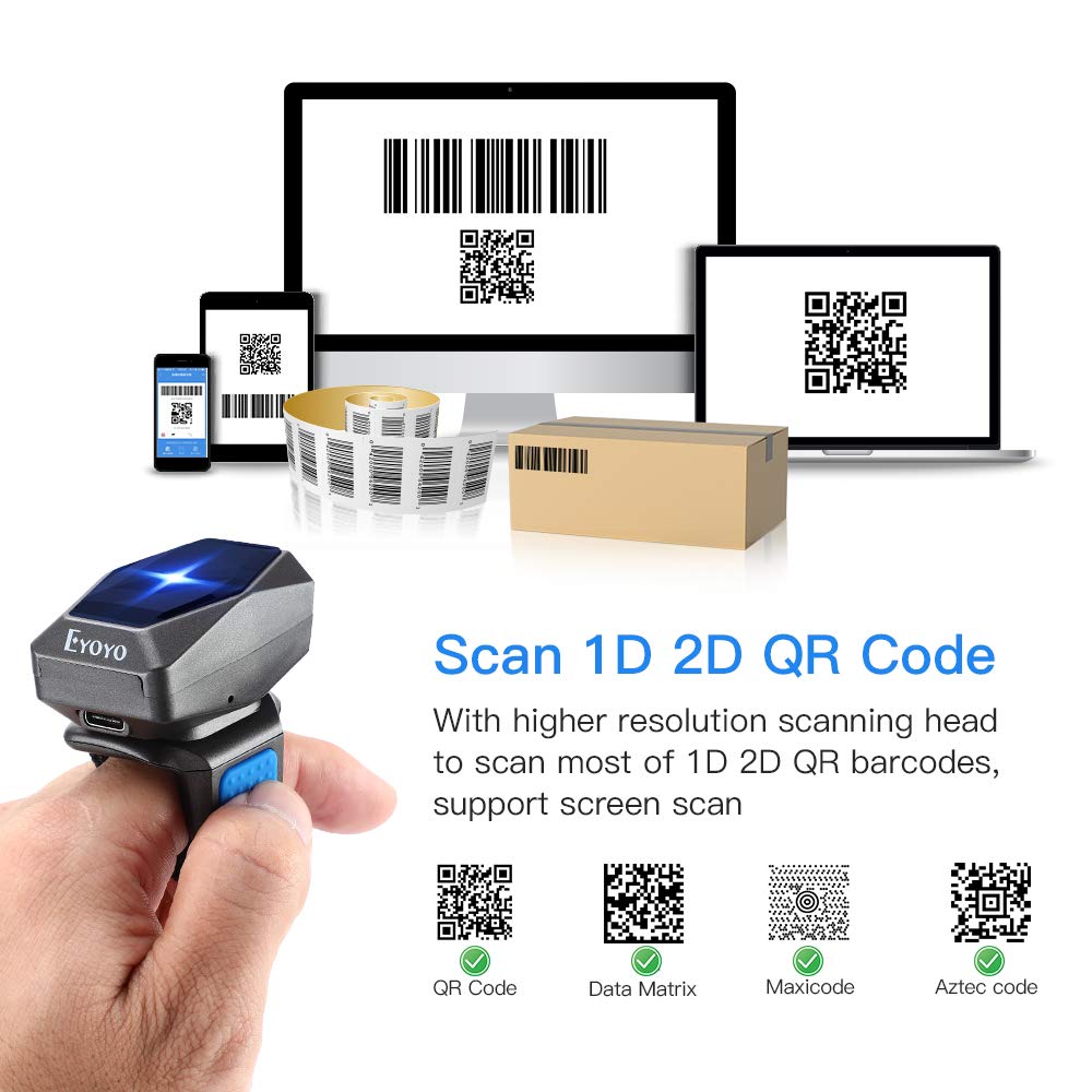 Eyoyo Upgraded 2D Ring Barcode Scanner - Bluetooth, USB Wired & 2.4G Wireless Wearable Mini Barcode Reader for 1D/2D QR Codes, Data Matrix, PDF417 - Compatible with iPhone, Android, Tablet, PC - Perfect for Retail, Warehouse, Inventory Management & Mobile POS Systems