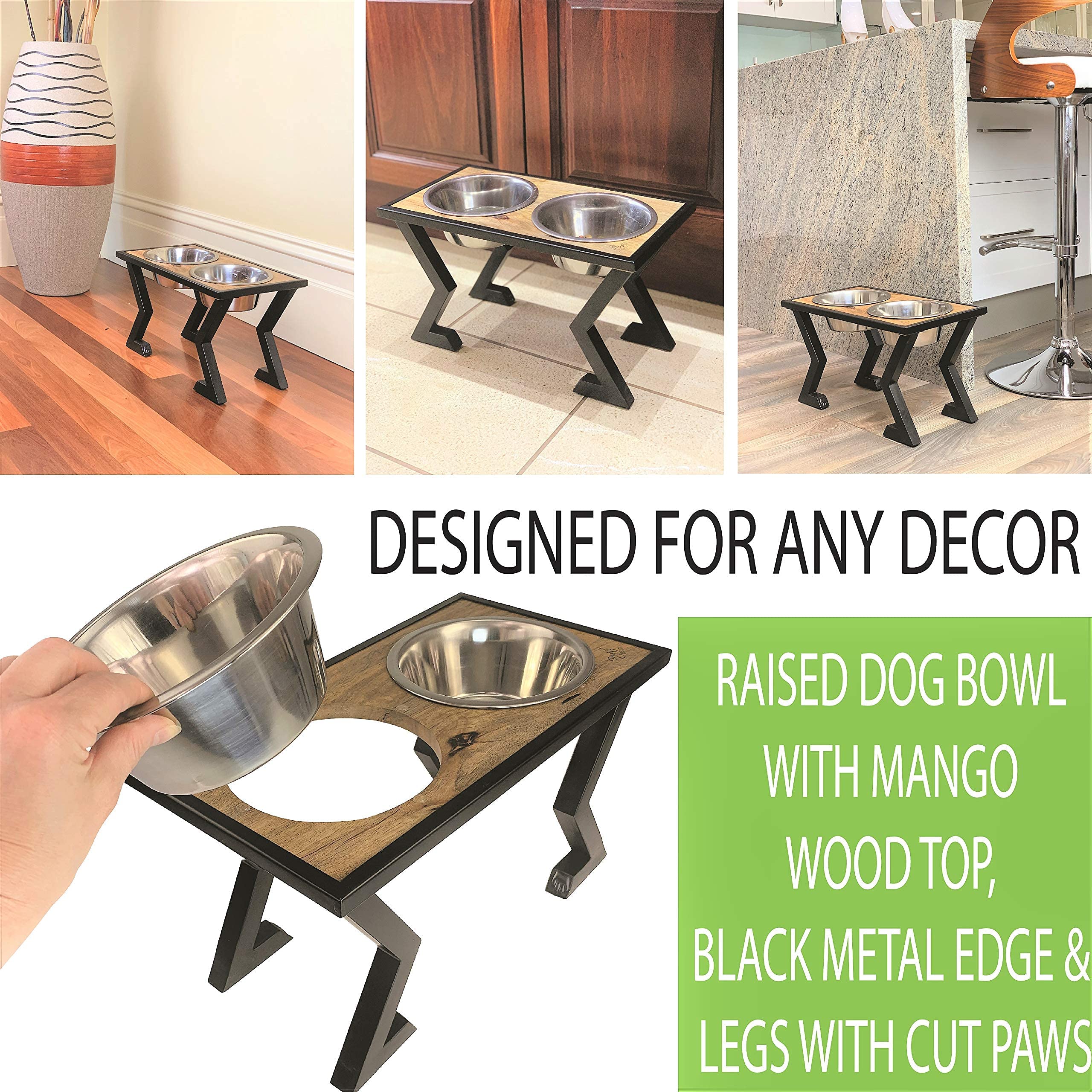 Elevated Dog Bowls for Large & Medium Dogs - 2 Stainless Steel Pet Food & Water Bowls with Mango Wood Top on Sturdy Black Metal Stand - Perfect for Dining Areas, Kitchens & Pet Feeding Stations