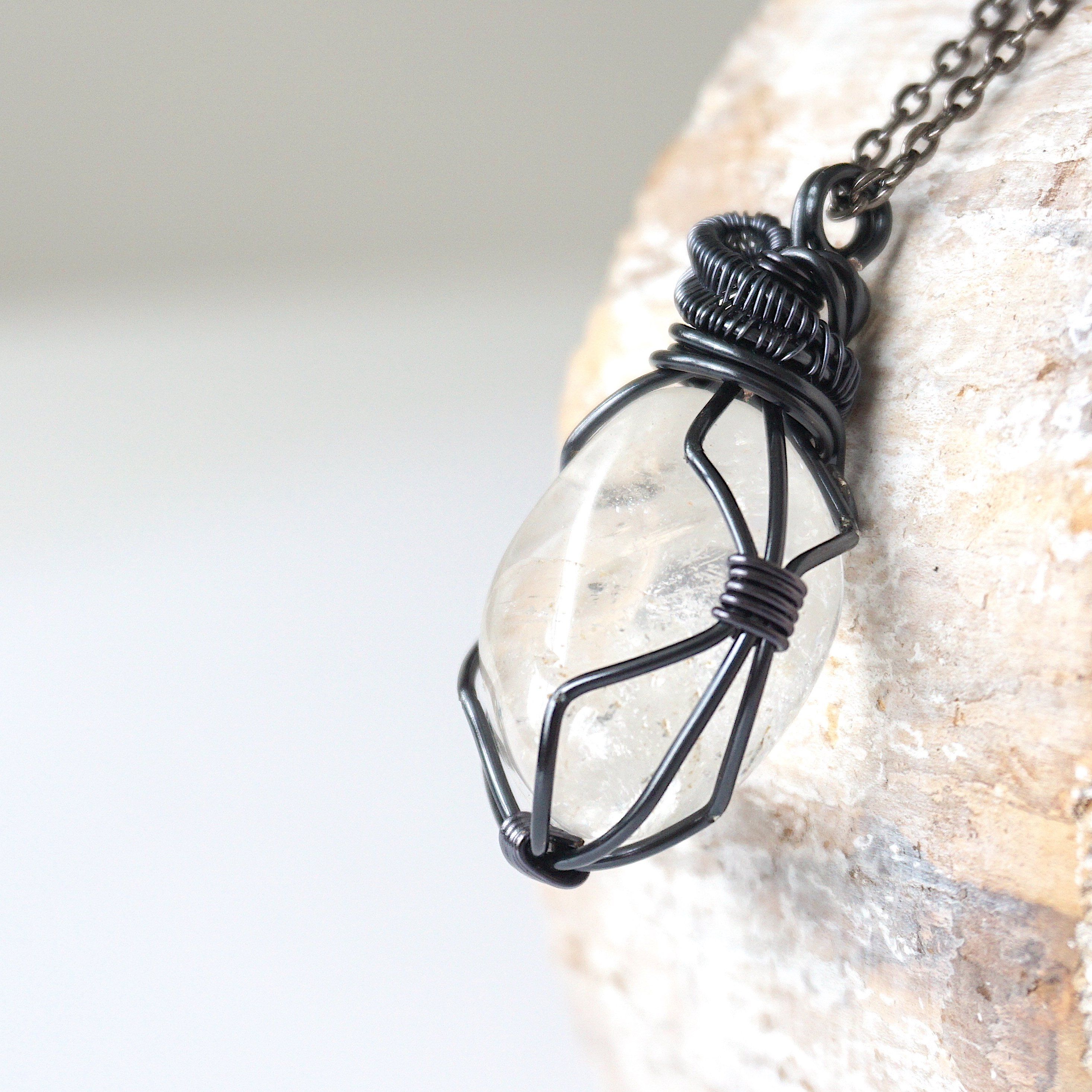 Men's Clear Quartz Pendant Necklace with Gunmetal Wire Wrap - Spiritual Healing Jewelry for Meditation, Energy Cleansing & Everyday Wear