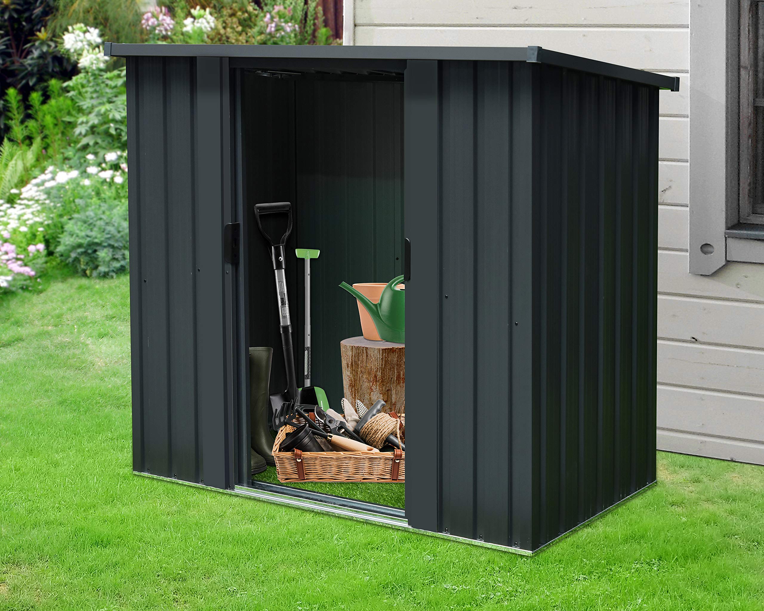 Hanover 52 Cu.Ft. Rust-Proof Galvanized Steel Outdoor Storage Shed with 2 Sliding Doors & Anchors (2.8'x4.8'x4.4') - Perfect for Patio Furniture, Garden Tools & Yard Equipment | Weatherproof Backyard & Garage Organization Solution
