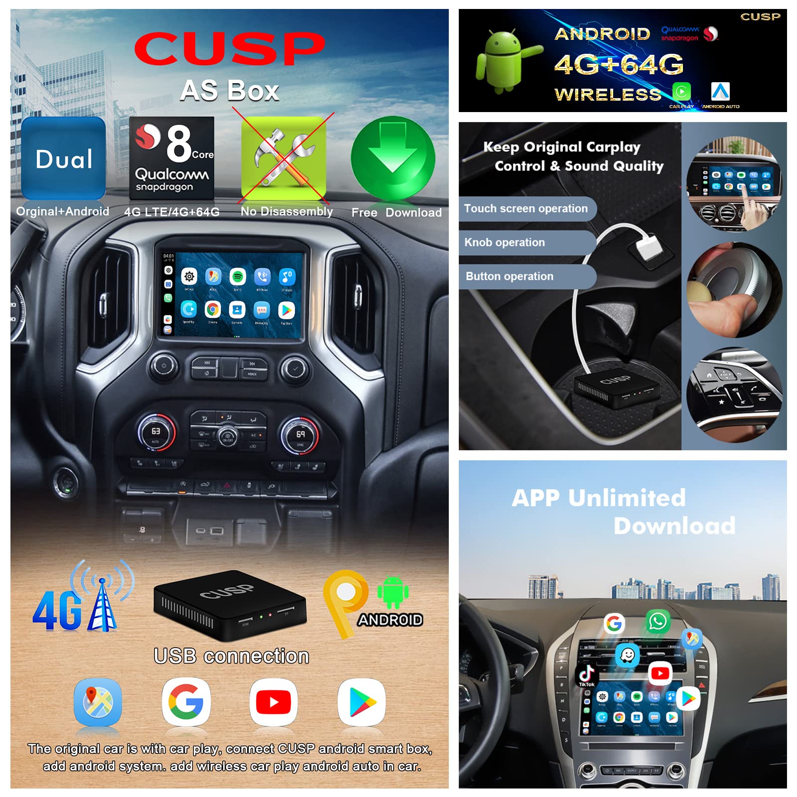 2024 Wireless CarPlay AI Box - Android 8 Core 4G+64G with SIM Card Slot, Google Play Store, Auto GPS, Video Adapter, Split Screen & WiFi Support - YouTube Compatible - Upgrade for OEM Wired CarPlay Vehicles (Perfect for Long Road Trips & Streaming Music/Maps)