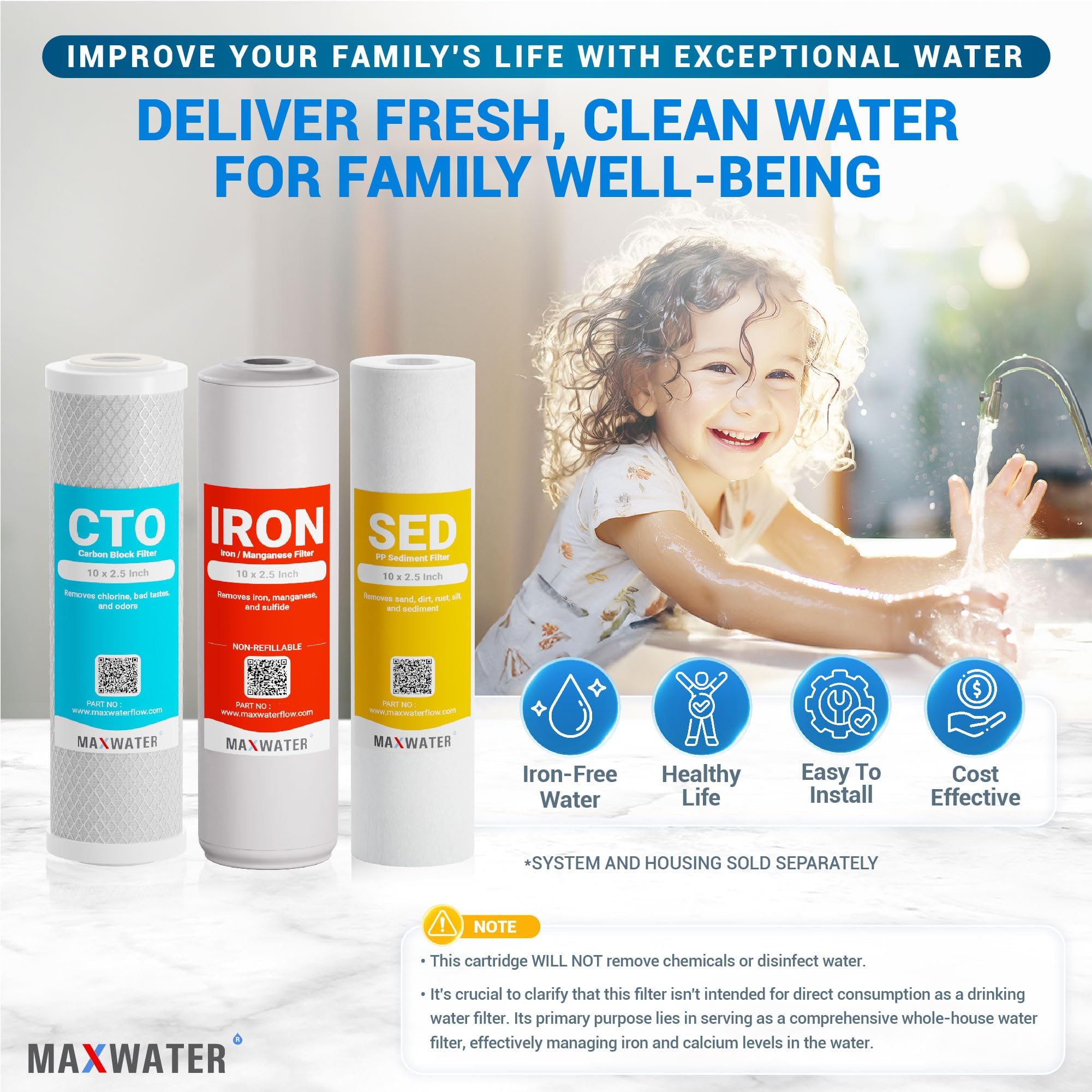 (3 Pack) Max Water Whole House Water Filter Replacement Set - Polypropylene Sediment, Iron Manganese & CTO Carbon Filters for Standard Whole House Systems | Improves Water Quality for Drinking, Cooking & Bathing