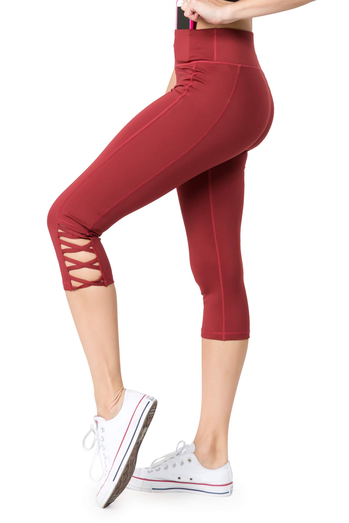 ICONOFLASH Women's High Waist Workout Leggings with Pockets & Lattice Details - Yoga, Running, Gym & Athletic Sports Pants for Active Women