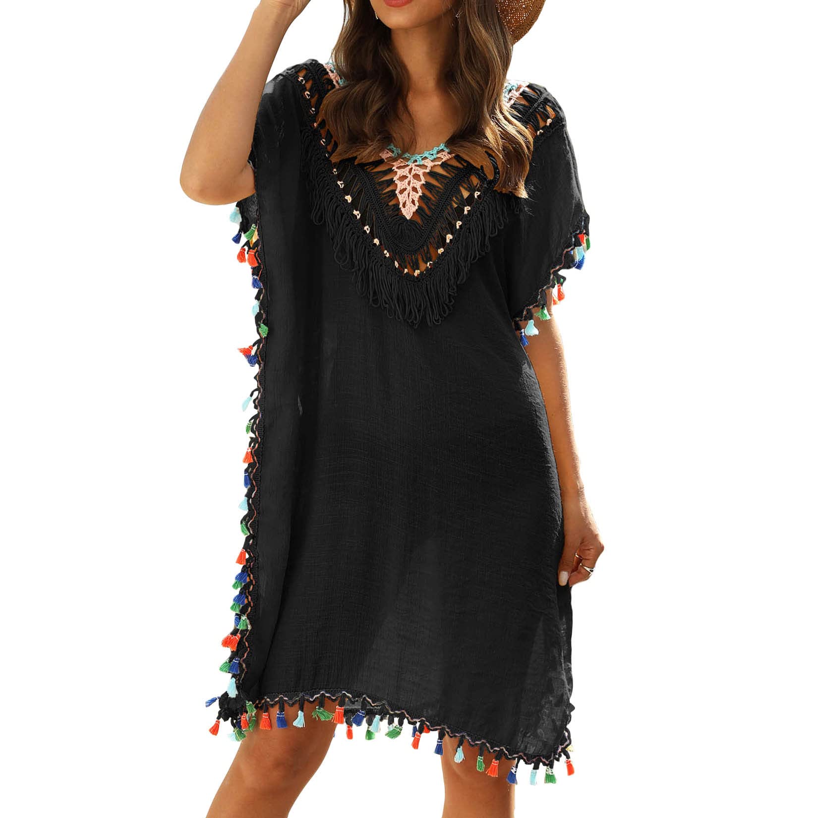 Lu's Chic Women's Beach Dress - Summer Crochet Cover Up with V Neck & Fringe Hollow Out Backless Design | Perfect for Poolside, Vacation, and Boho Fashion Outfits
