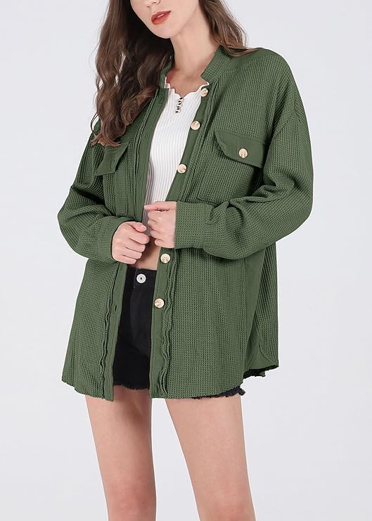 UTCoco Women's Casual Waffle Knit Shacket Jacket - Loose Fit Long Sleeve Button Down Shirt Top for Fall & Winter | Cozy Layering Piece for Work, Travel and Weekend Outfits