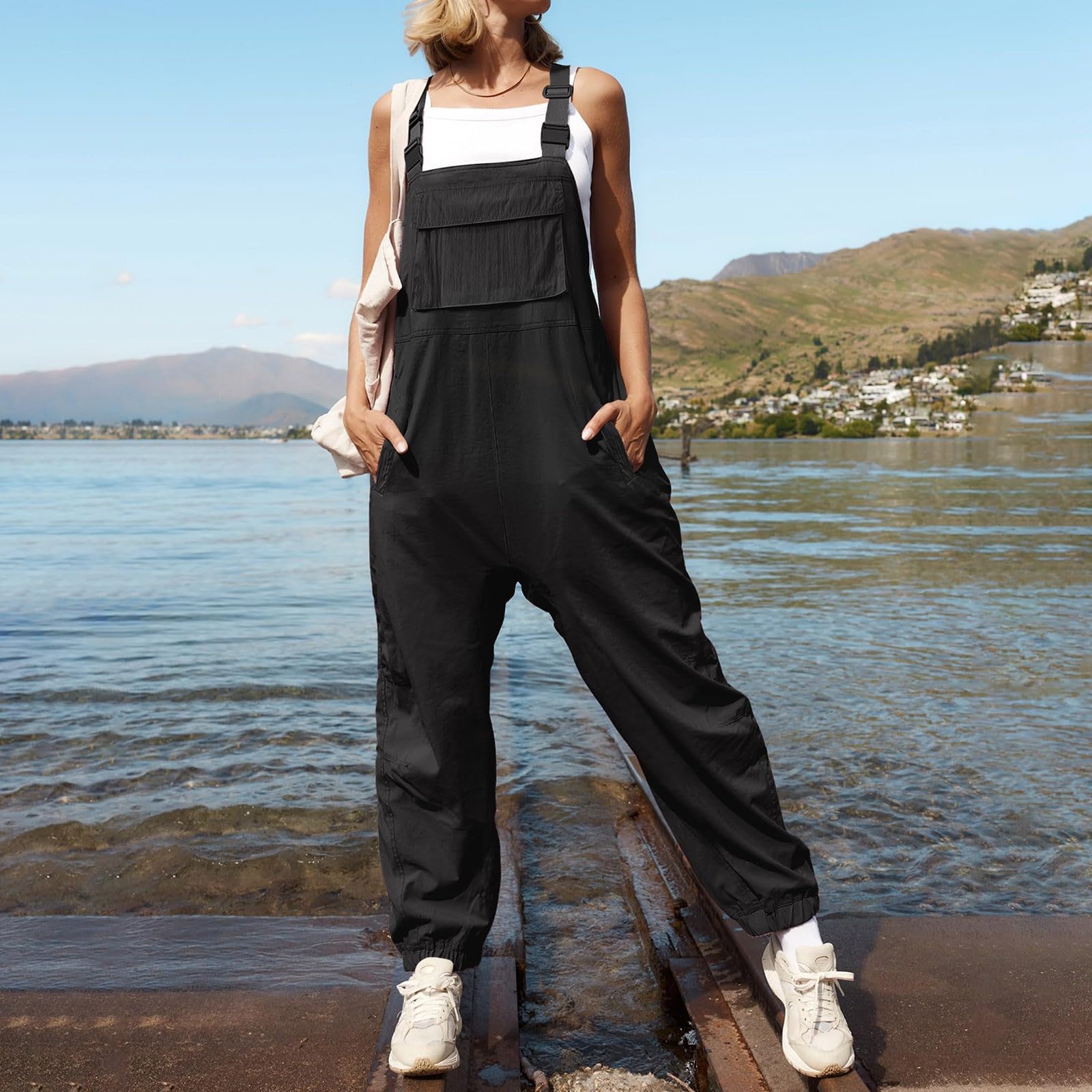 Women's Loose Fit Linen Overalls - Adjustable Straps Sleeveless Jumpsuit with Pockets | Summer Casual Romper for Outdoor Activities, Beach Wear & Boho Fashion