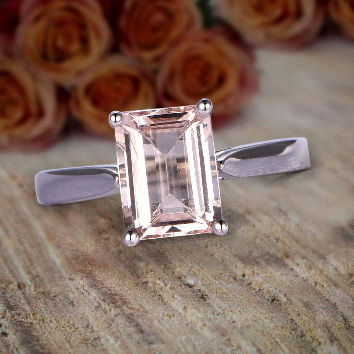 1.00 Carat Designer Emerald Cut Peachy Pink Morganite Engagement Ring - 18k Gold Plated - Perfect for Proposals, Anniversaries & Special Occasions