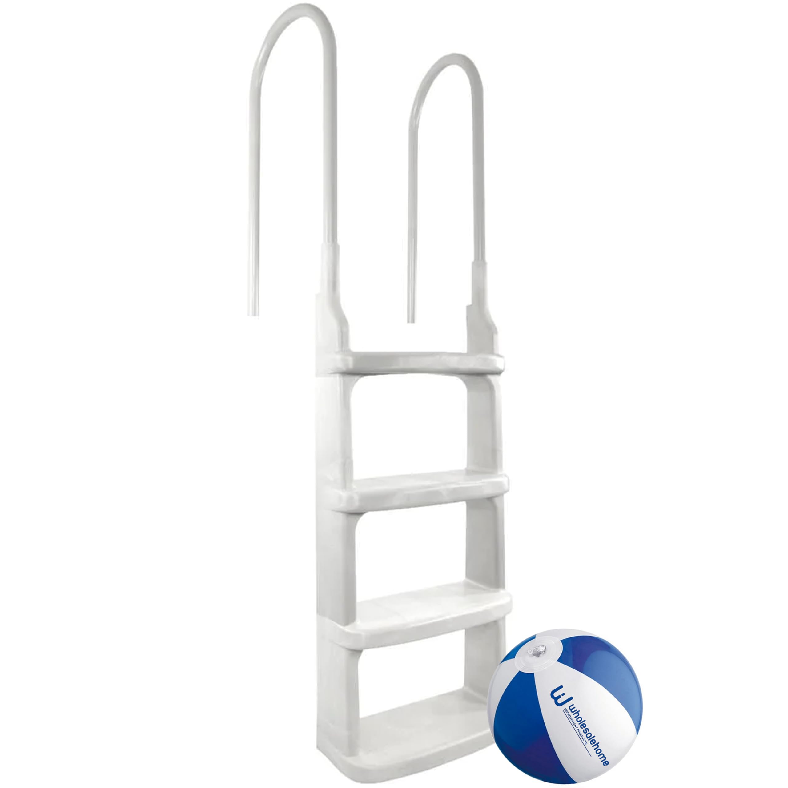Easy Incline 200200 Above Ground Pool Deck Ladder - White In-Pool Swimming Ladder with Non-Slip Steps | Includes Free Beach Ball | Perfect for Backyard Pools, Inground Pools & Beach Parties