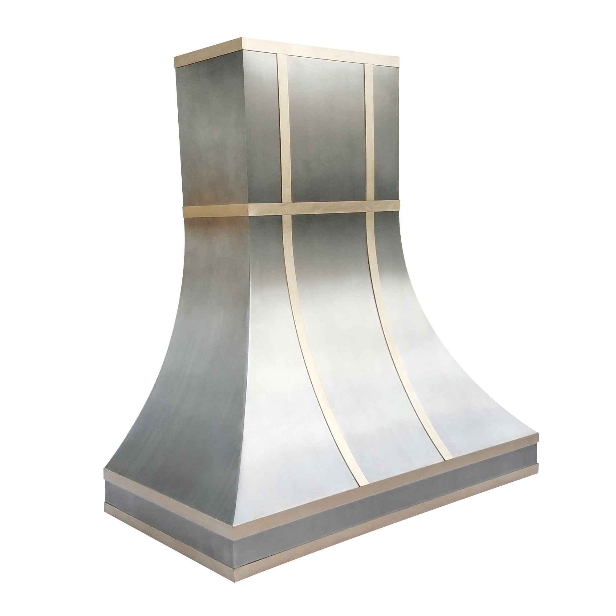Premium RHM Curved Stainless Steel Custom Range Hood with Brass Accents - H35 2VT1HT Model for Christine | Modern Kitchen Ventilation for Home Chefs & Cooking Enthusiasts