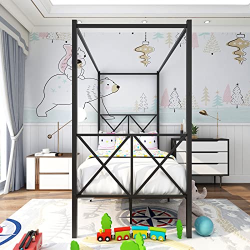 Metal Canopy Bed Frame - Sturdy Twin Size Platform Bed with X-Shaped Support, Black | Perfect for Kids Rooms, Guest Bedrooms & Small Spaces