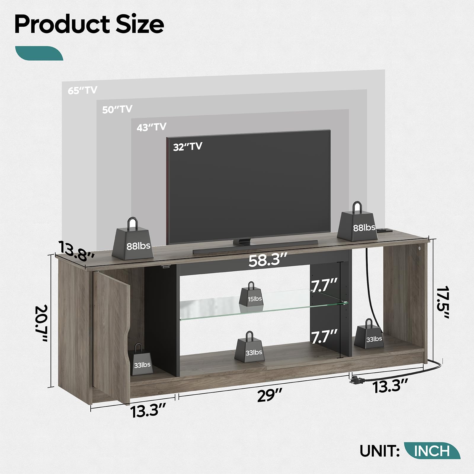 Bestier 58 Inch LED TV Stand with Power Outlets - Modern Entertainment Center for 55/60/65 Inch TVs, Gaming Console Storage Cabinet with Adjustable Glass Shelves (Grey Wash) - Perfect for Living Room, Home Theater & PS5 Setup