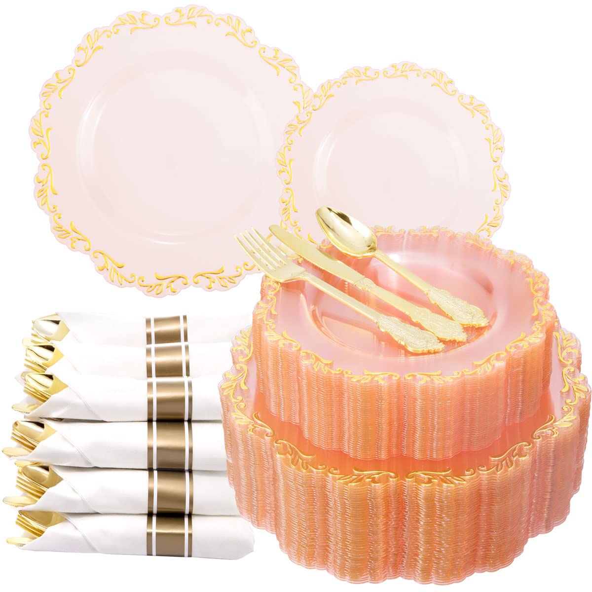 PULOTE 40-Pack Pink Plastic Plates with Gold Rim - Includes 80 Plates, 40 Napkins & Gold Plastic Cutlery Set - Elegant Disposable Tableware for Weddings, Birthday Parties, Baby Showers & Mother's Day Celebrations