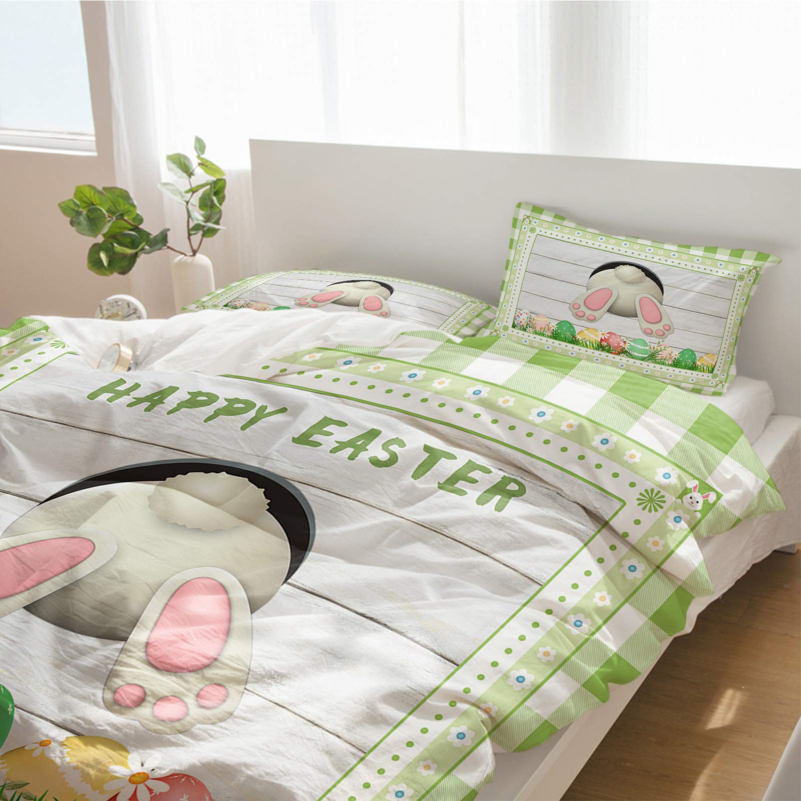 Easter Queen 3-Piece Bunny Tail Egg Duvet Cover Set - Super Soft Breathable Bedding with Floral Green Plaid & White Plank Design - Machine Washable Quilt Cover & Pillowcases for Bedroom, Guest Room - Perfect for Spring Decor, Easter Celebrations & Cozy Home Styling