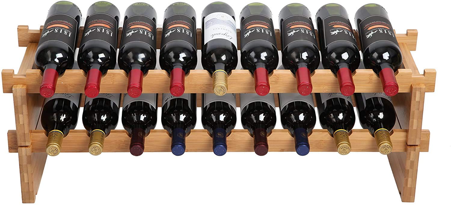 Iasiti 18-Bottle Stackable Bamboo Wine Rack - Countertop Wine Storage Organizer for Kitchen, Pantry & Bar - Natural Wood Wine Display Holder for Home & Restaurant Use