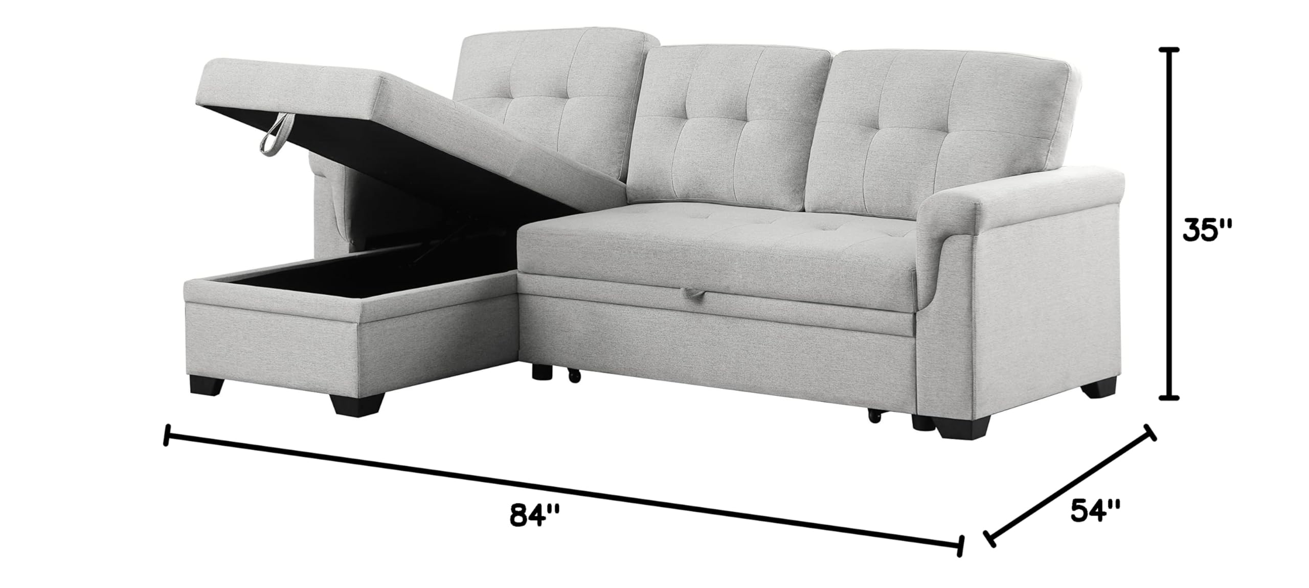 Lilola Home Sierra Light Gray Linen Reversible Sleeper Sectional Sofa with Storage Chaise - Modern Convertible Couch for Small Spaces, Living Room & Guest Room Furniture