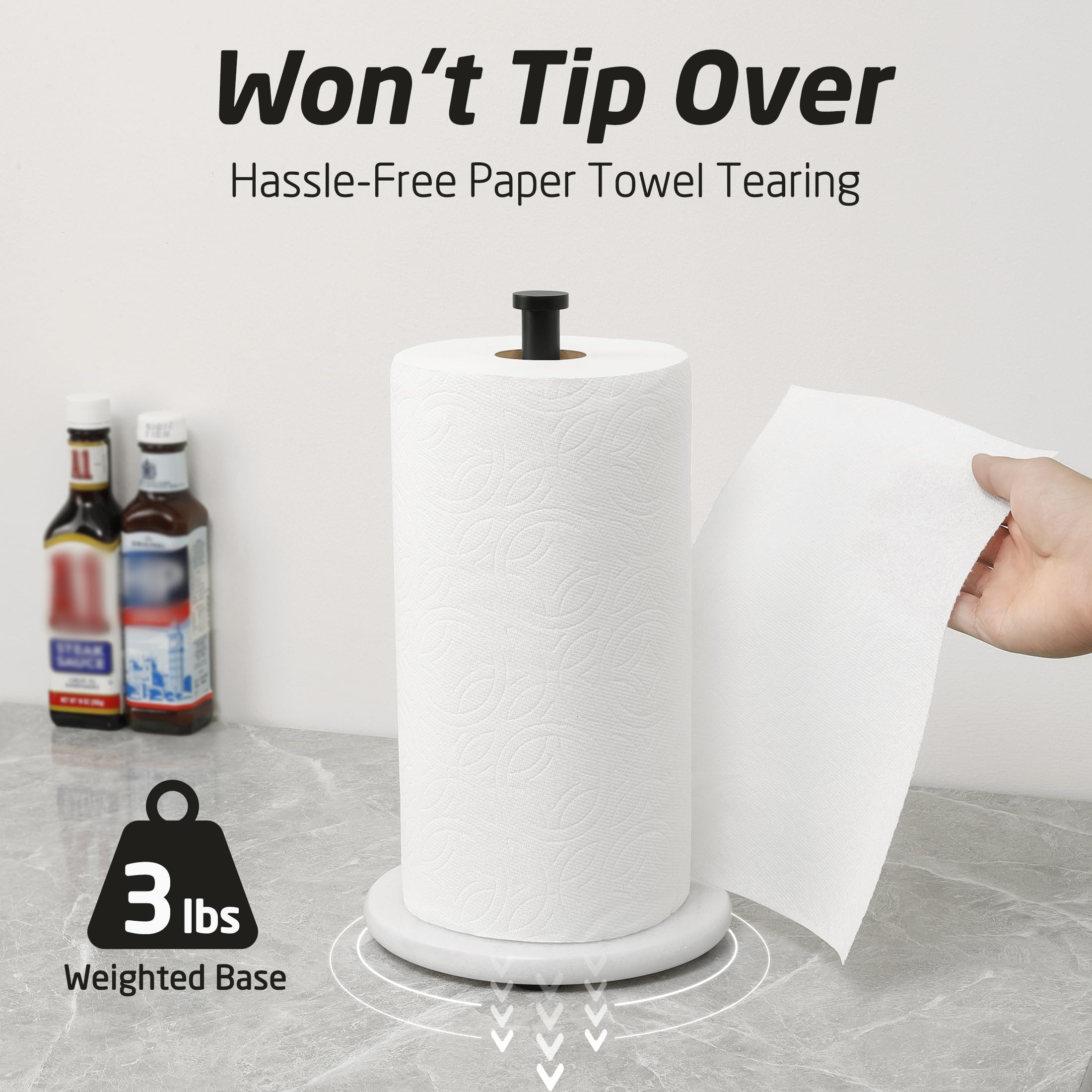 KES Matte Black Paper Towel Holder with Marble Base - Sturdy Standing Kitchen Towel Roll Stand for Standard & Jumbo Size Rolls | Perfect for Countertops, Kitchens, Bathrooms & Office Spaces (KPH100-BK)