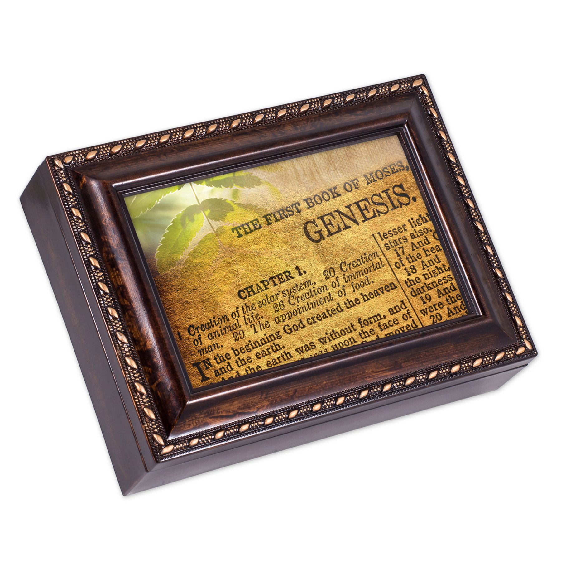 Handcrafted Cottage Garden Genesis Jewelry Music Box - Bible Inspired Heavens & Earth Design with Burlwood Finish, Plays Canon in D - Perfect for Christian Gifts, Home Décor & Wedding Favors