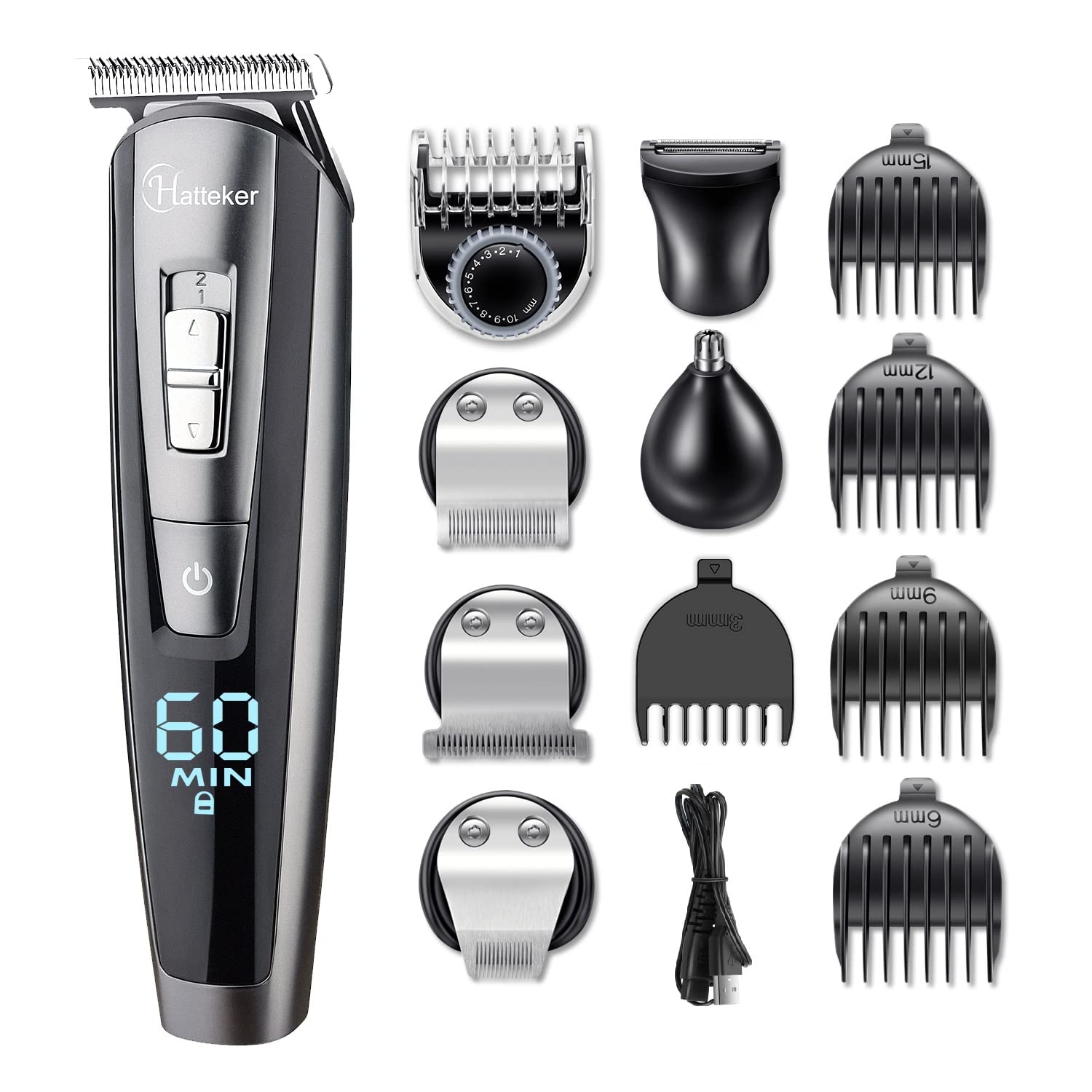 Hatteker Cordless Beard & Hair Trimmer for Men - Rechargeable USB Wet/Dry Clipper Kit with LED Display - Battery Powered Grooming Tool for Men, Women & Kids - Perfect for Home, Travel & Professional Use