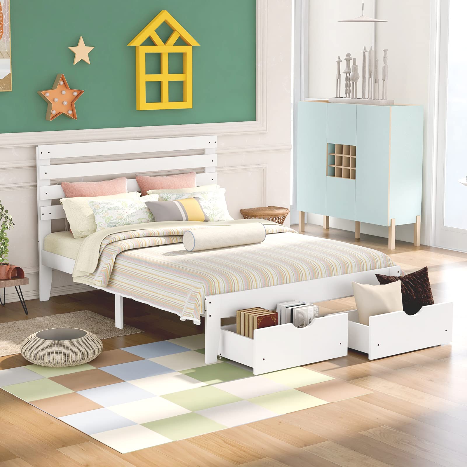 TITA-DONG Full Size Platform Bed Frame with Storage Drawers, White - Modern Bedroom Furniture for Small Spaces & Guest Rooms