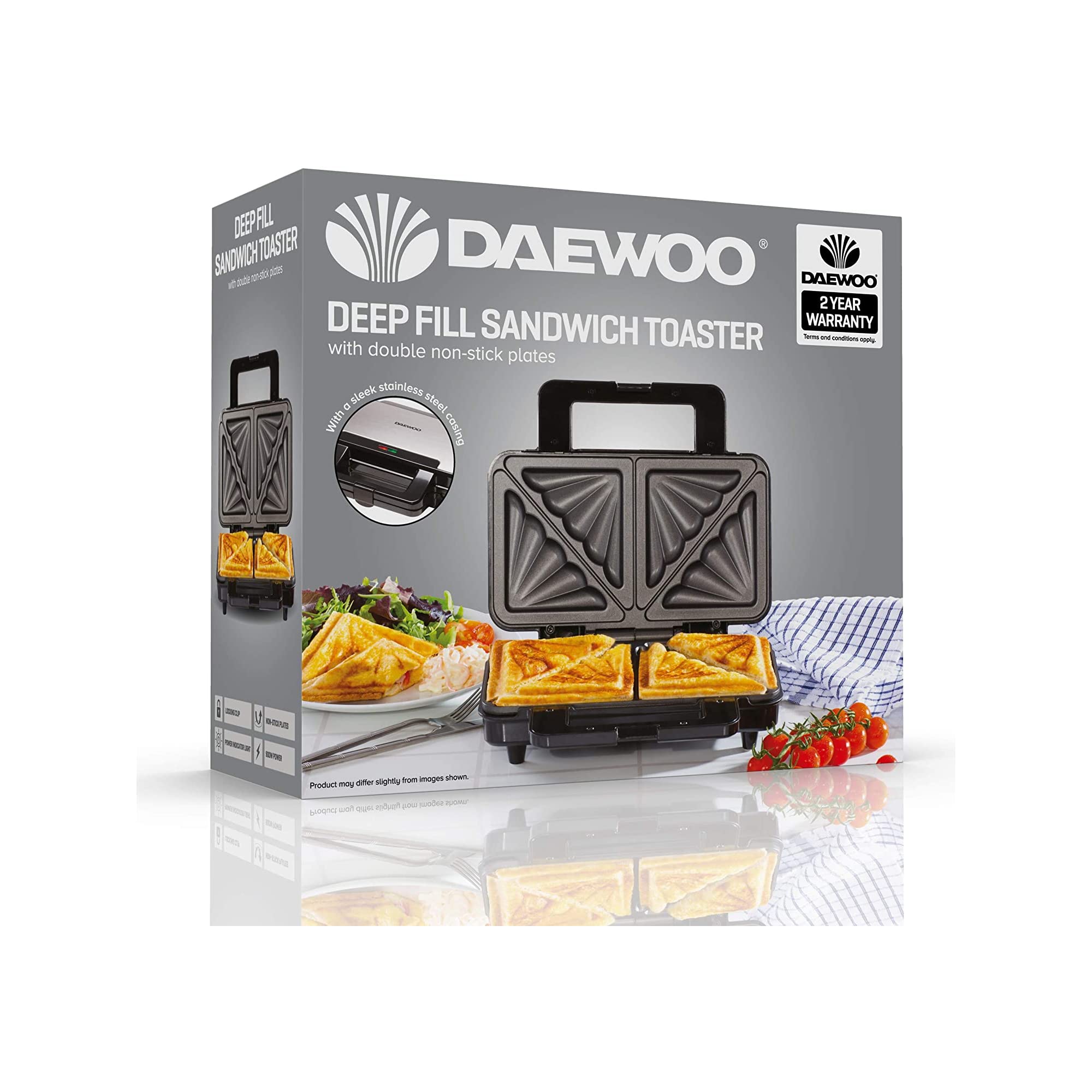 Daewoo 900W Deep Fill 4 Slice Sandwich Maker with Cool Touch Handles & Safety Thermal Cut Out - Thermostatically Controlled Toaster for Grilled Cheese, Paninis & Breakfast - Perfect for Home, Office & Dorm Use
