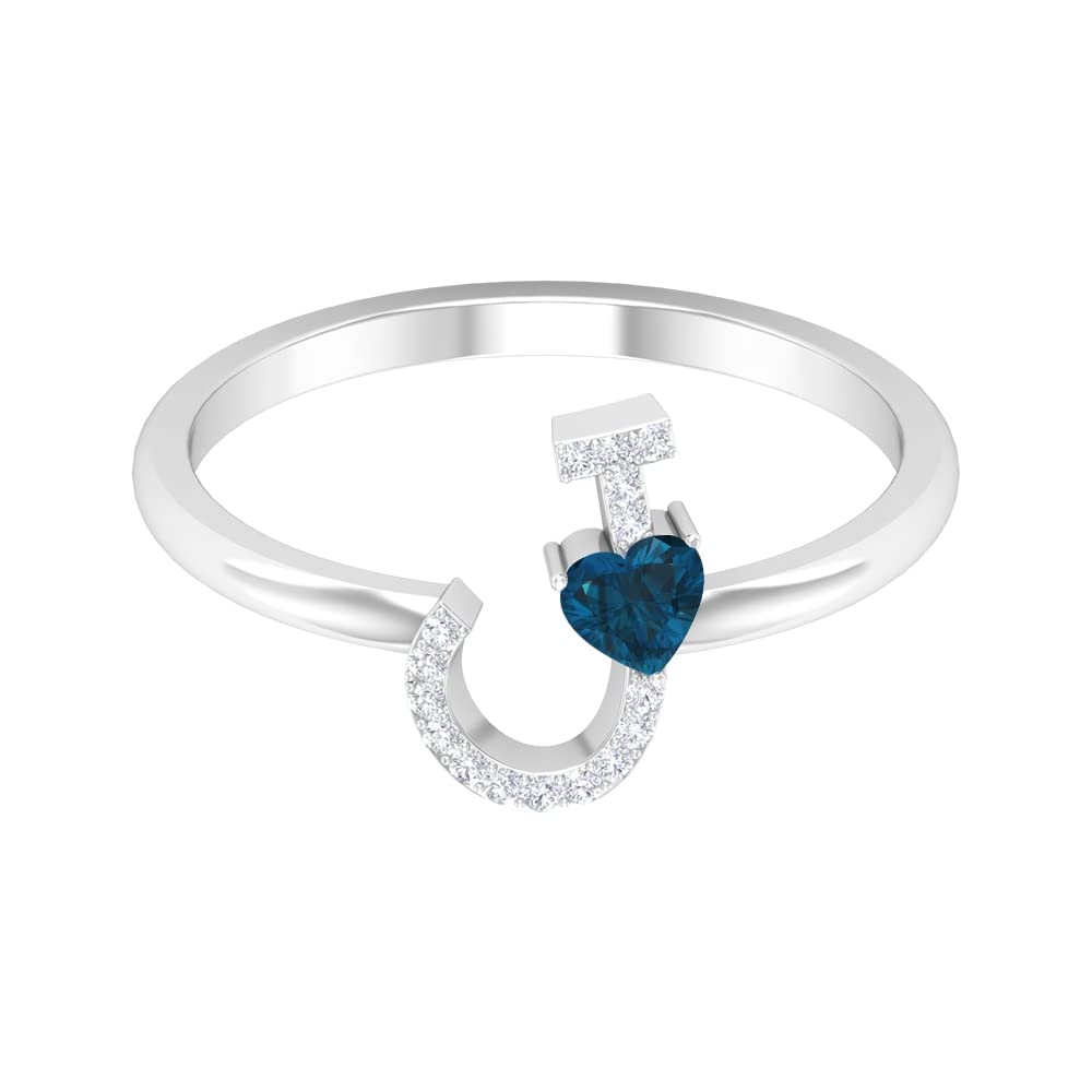 London Blue Topaz & Diamond Rings | Diamond Alphabet A-Z Initial Rings for Women | 14K White Gold Heart Rings | Perfect for Engagements, Anniversaries & Special Gifts