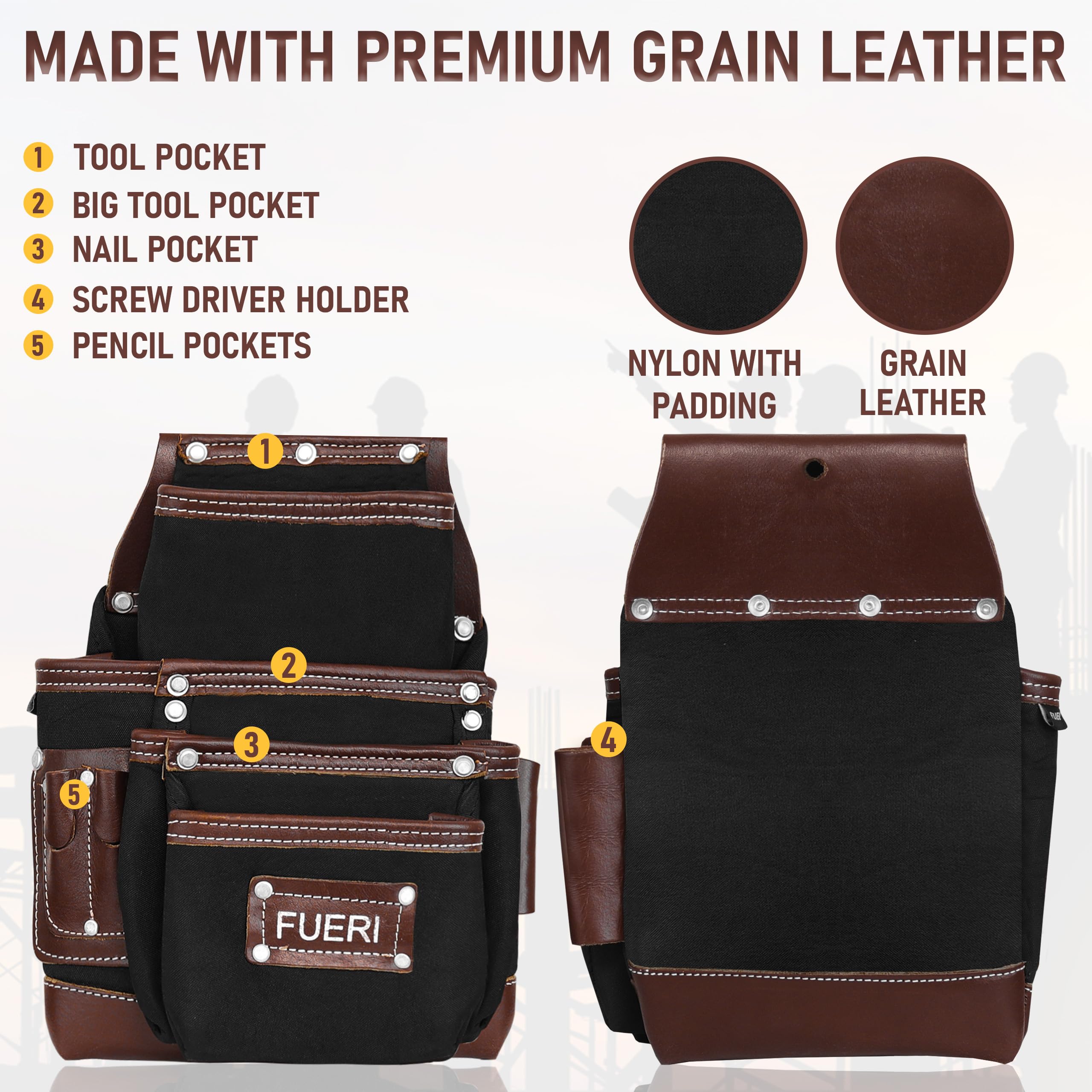 FUERI Heavy Duty Nylon & Leather Tool Belt for Men - Carpenter, Electrician, Construction Work Belt with Multiple Pouches & Organizer (Black/Brown) - Perfect for Framing, Renovation & DIY Projects