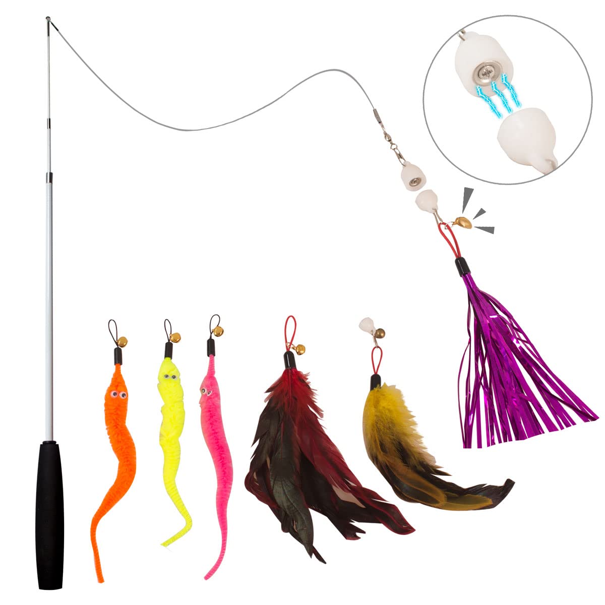WowPets Magnetic Cat Toys for Indoor & Outdoor Play - Retractable Cat Wand Toy with 6PCS Feather Toys for Kitten Exercise & Chase Games | Perfect for Interactive Playtime & Training