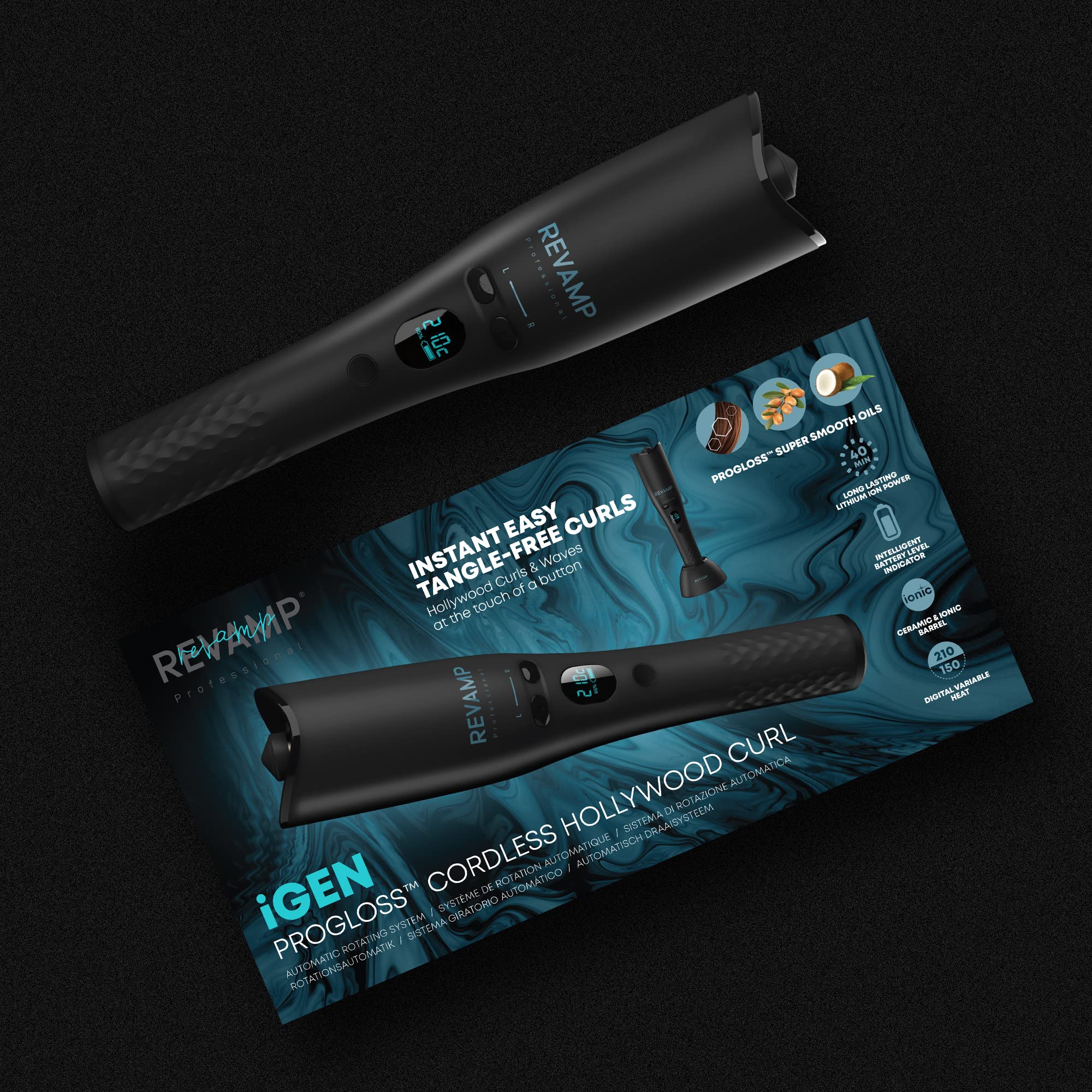 REVAMP iGEN Hollywood Cordless Hair Curler - Automatic Rotating Curling Iron with Ceramic Ionic Barrel for Tight Curls & Beach Waves | Wireless Styler for Salon-Quality Wavy Hair at Home, Travel & Special Occasions