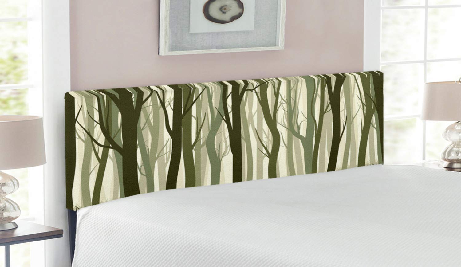 Ambesonne Queen Size Upholstered Metal Headboard with Memory Foam - Mystical Forest Tree Print in Army Green & Sage Green | Nature-Themed Bedroom Decor for Cozy Retreats & Boho Chic Interiors