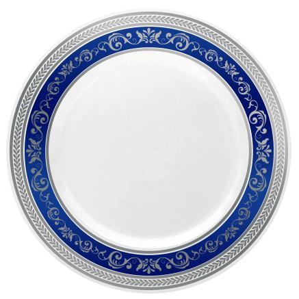 Royal Blue and Silver Round Plastic Plates - Elegant Disposable Dinnerware for Parties, Weddings, and Special Events