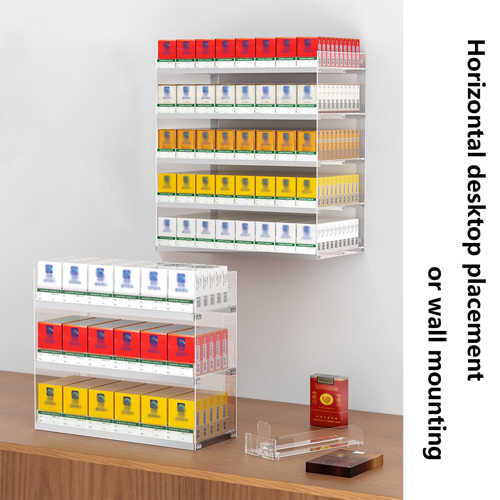 5-Tier Wall Mounted Clear Acrylic Cigarette Display Rack - 14 Column Auto-Pusher Shelf for Retail Stores & Smoke Shops | Convenient Cigarette Organization & Merchandising Solution