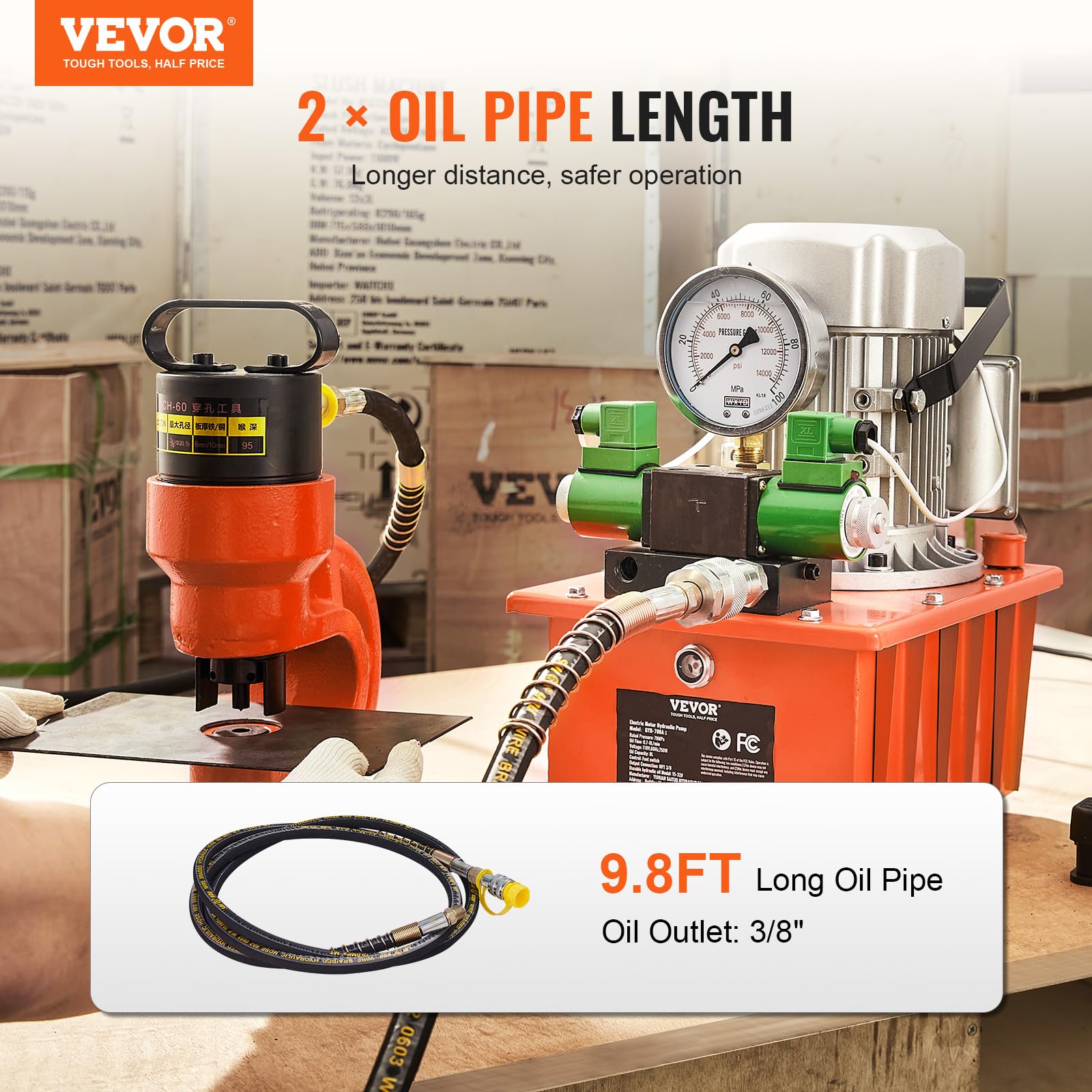 VEVOR 8L Hydraulic Power Pack Unit - Double Acting Solenoid Valve, 488 in³ Capacity, Electric Driven with Foot Pedal Switch for Punch Press, Metal Bending & Hydraulic Jack - Heavy Duty Industrial Use (Orange)