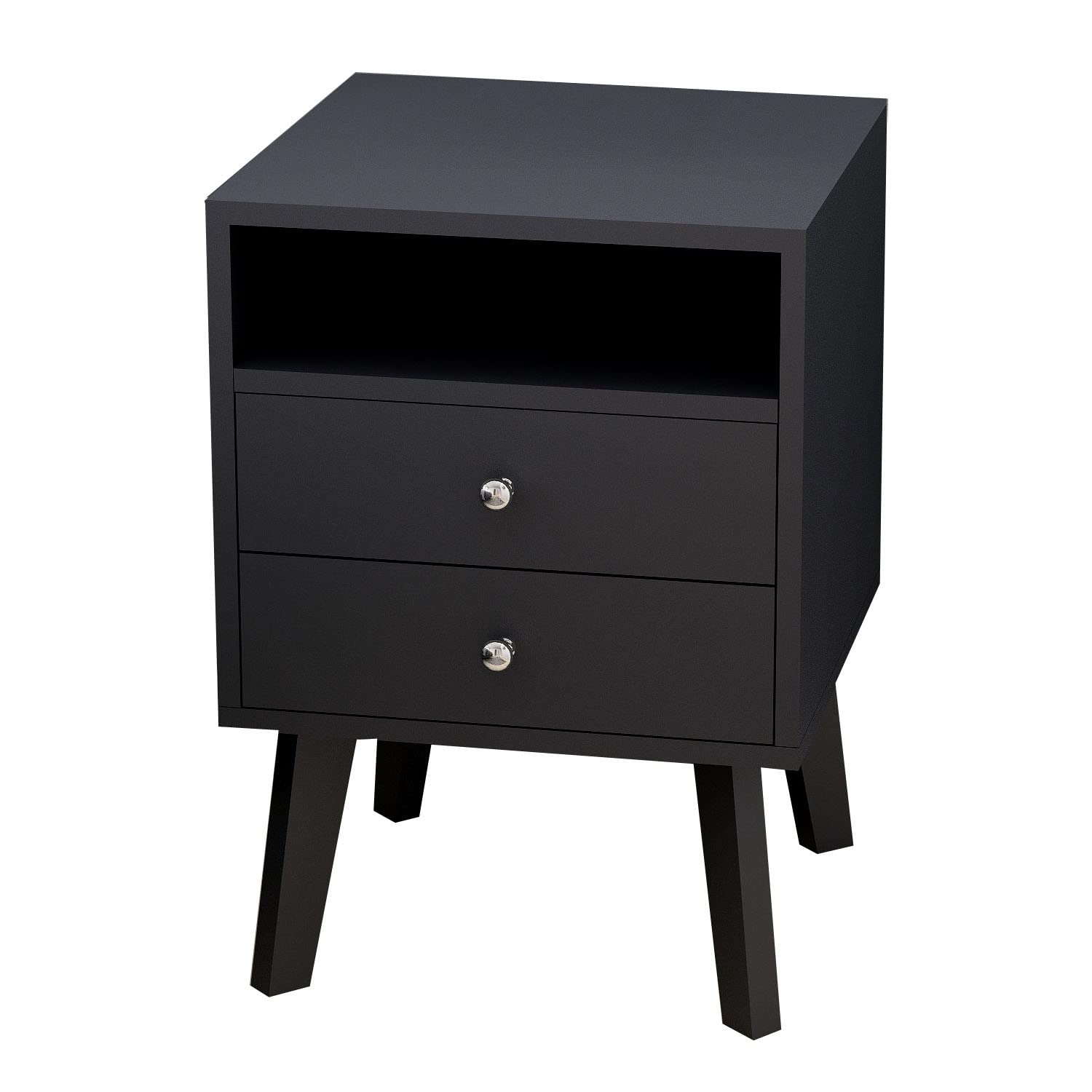 Mid-Century Modern Wood Nightstand with 2 Drawers & Open Shelf - Black Bedside Table for Bedroom, Living Room or Small Spaces | Perfect for Storing Books, Lamps & Bedroom Essentials